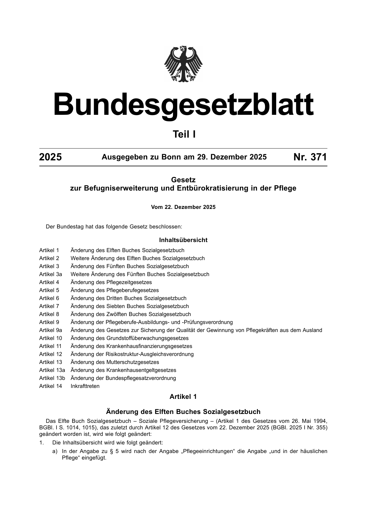 BGBl. 2025, Seite 1 — Originalseite als Abbildung