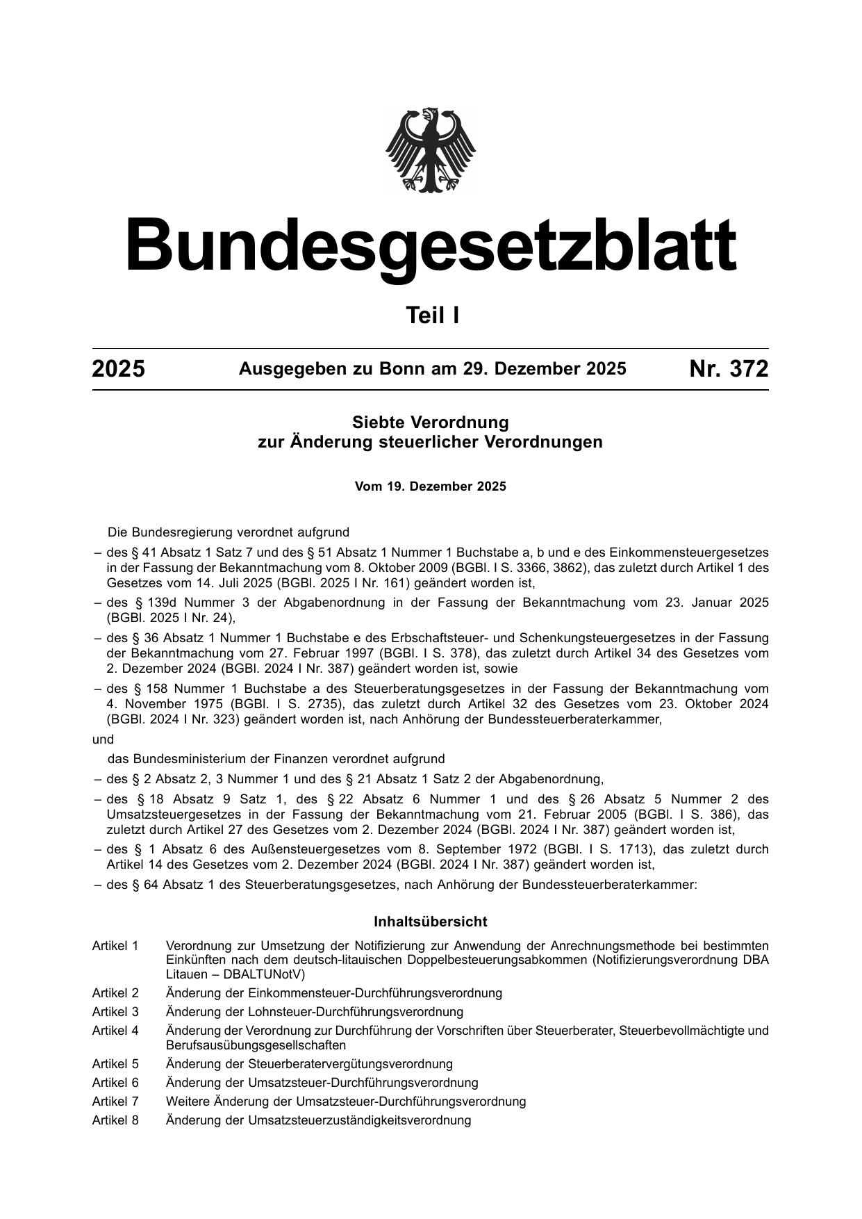 BGBl. 2025, Seite 1 — Originalseite als Abbildung