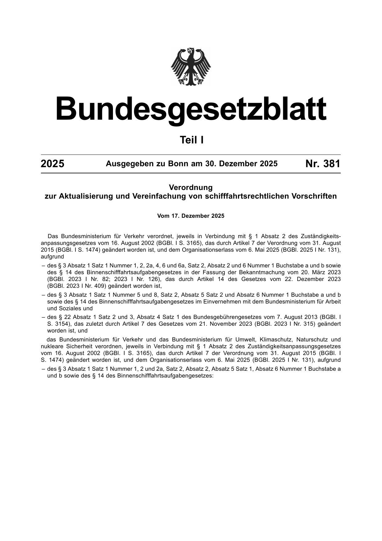 BGBl. 2025, Seite 1 — Originalseite als Abbildung