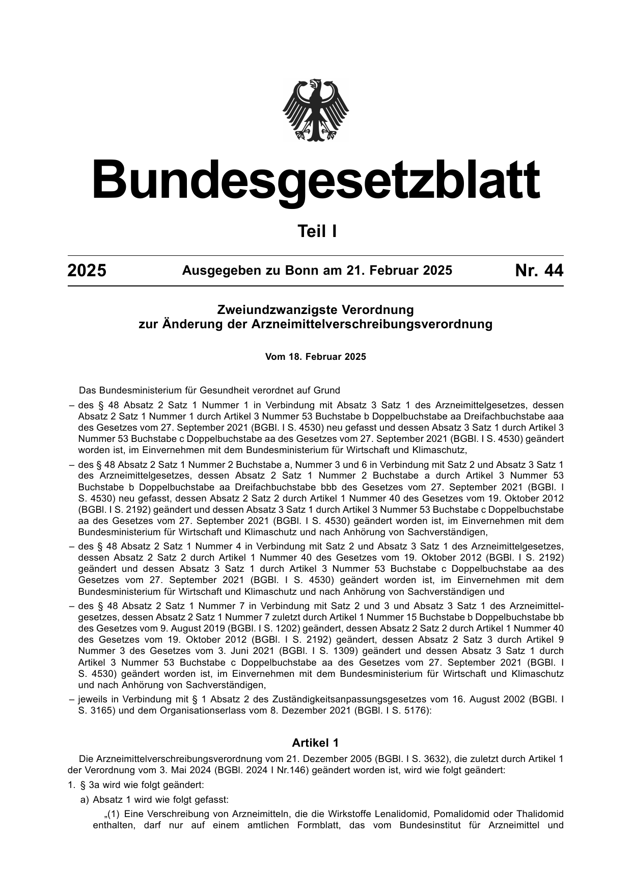 BGBl. 2025, Seite 1 — Originalseite als Abbildung