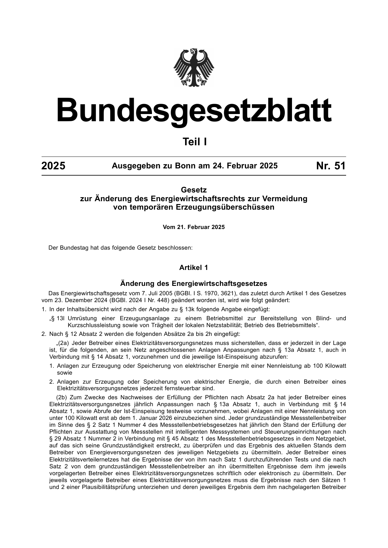 BGBl. 2025, Seite 1 — Originalseite als Abbildung