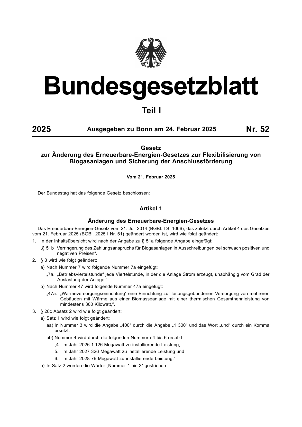 BGBl. 2025, Seite 1 — Originalseite als Abbildung