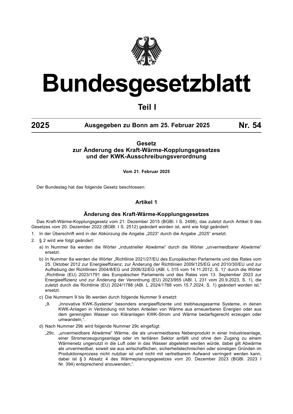 BGBl. 2025, Seite 1 — Originalseite als Abbildung