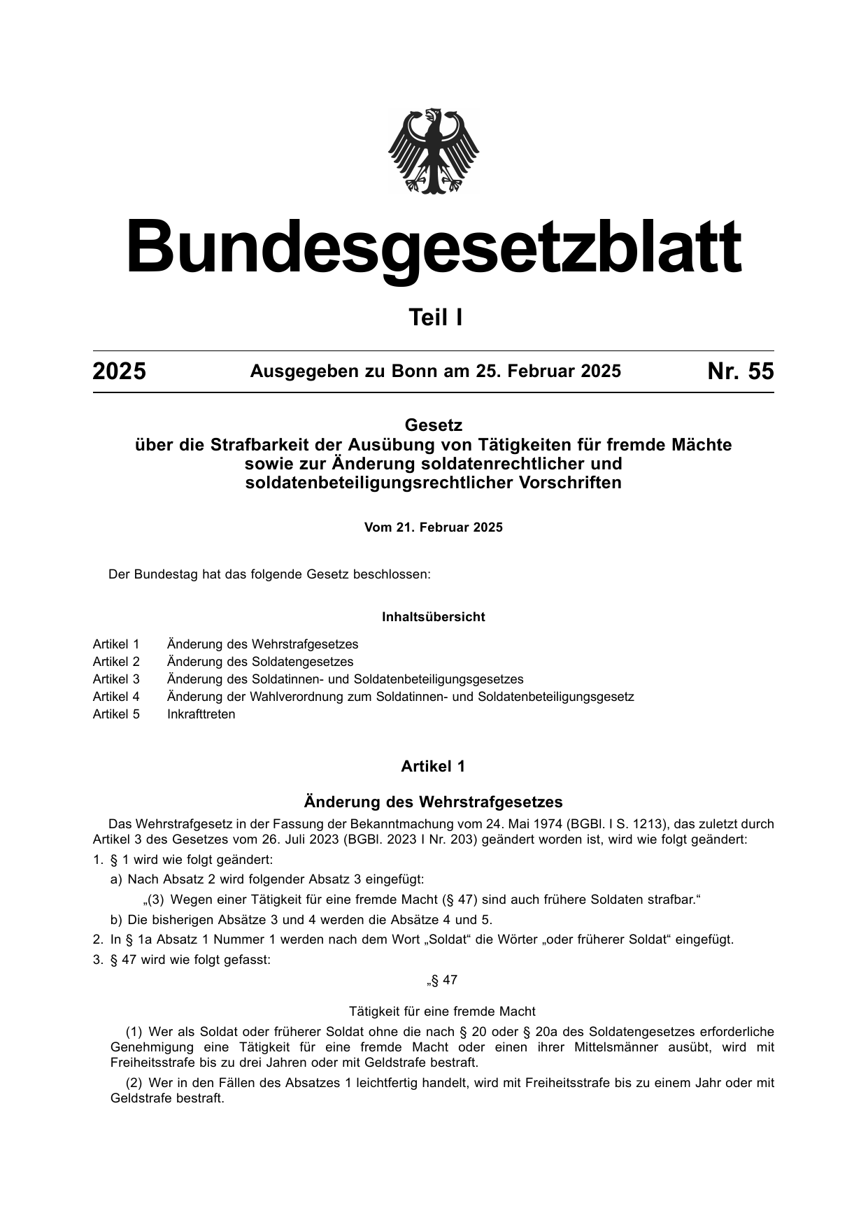 BGBl. 2025, Seite 1 — Originalseite als Abbildung