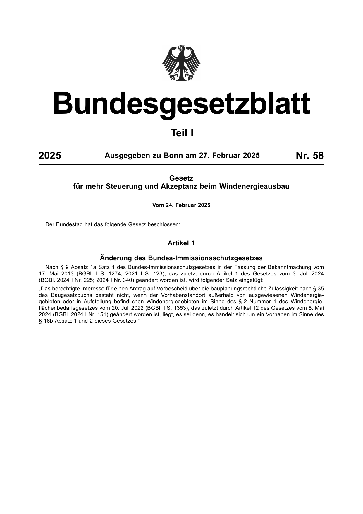 BGBl. 2025, Seite 1 — Originalseite als Abbildung