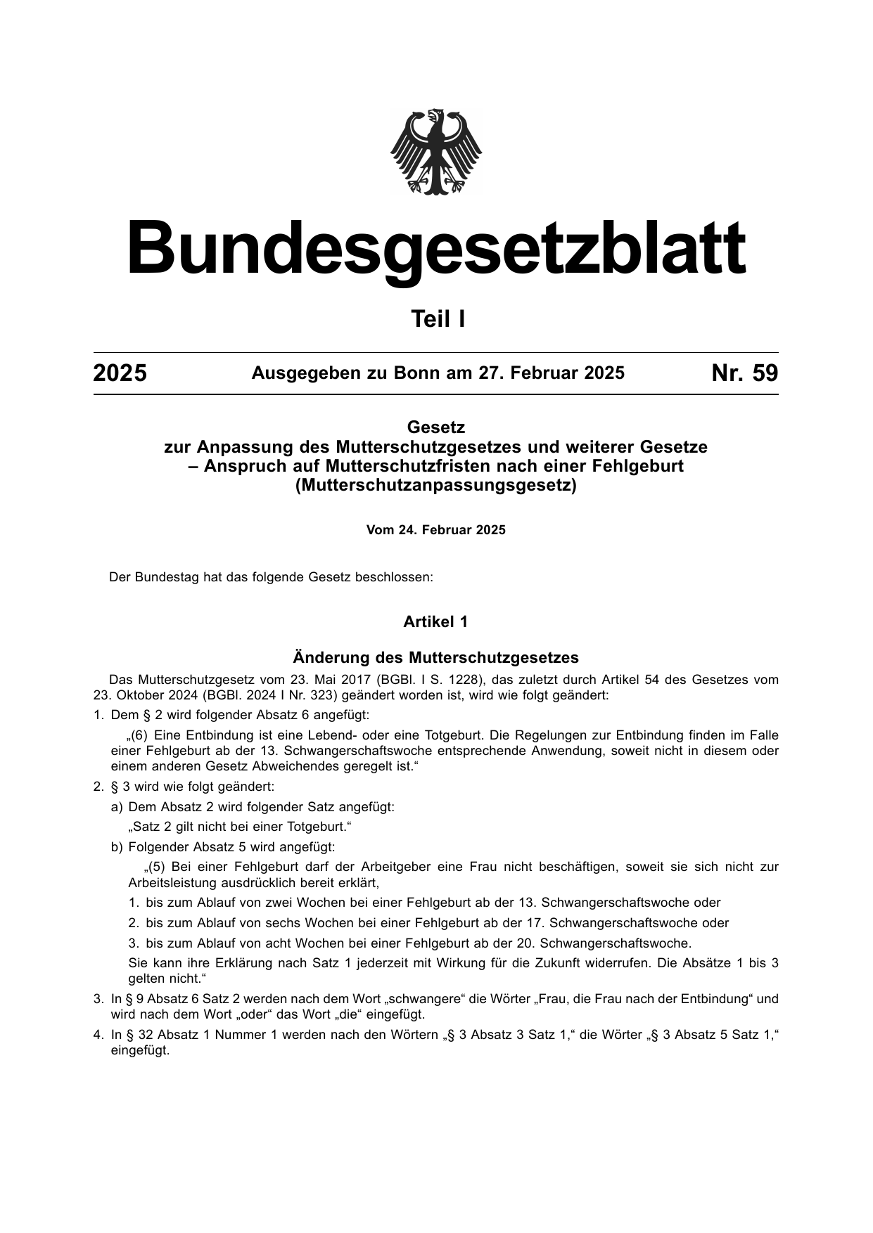 BGBl. 2025, Seite 1 — Originalseite als Abbildung