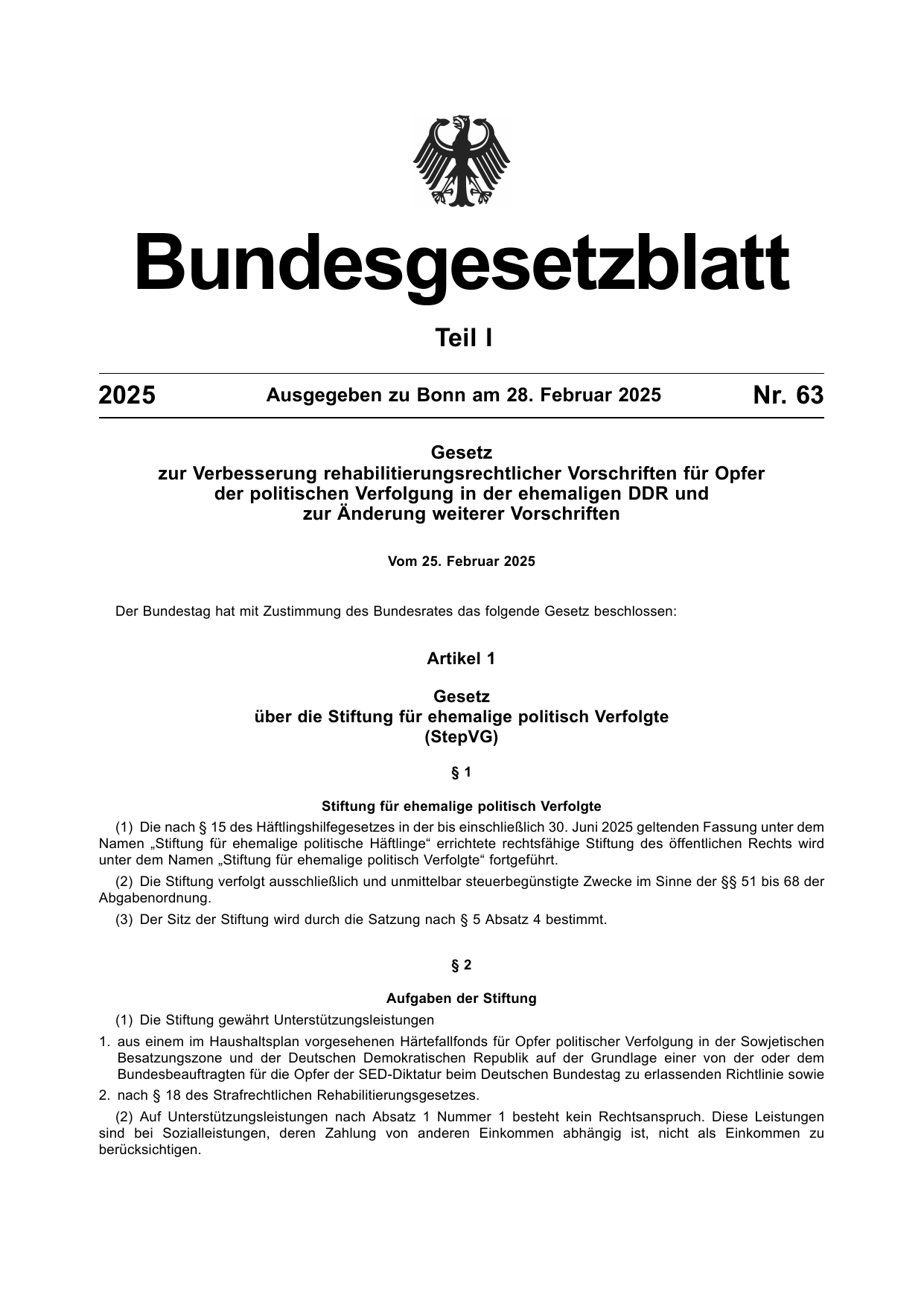 BGBl. 2025, Seite 1 — Originalseite als Abbildung