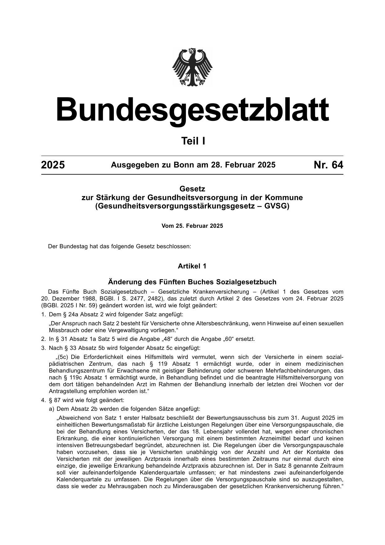 BGBl. 2025, Seite 1 — Originalseite als Abbildung