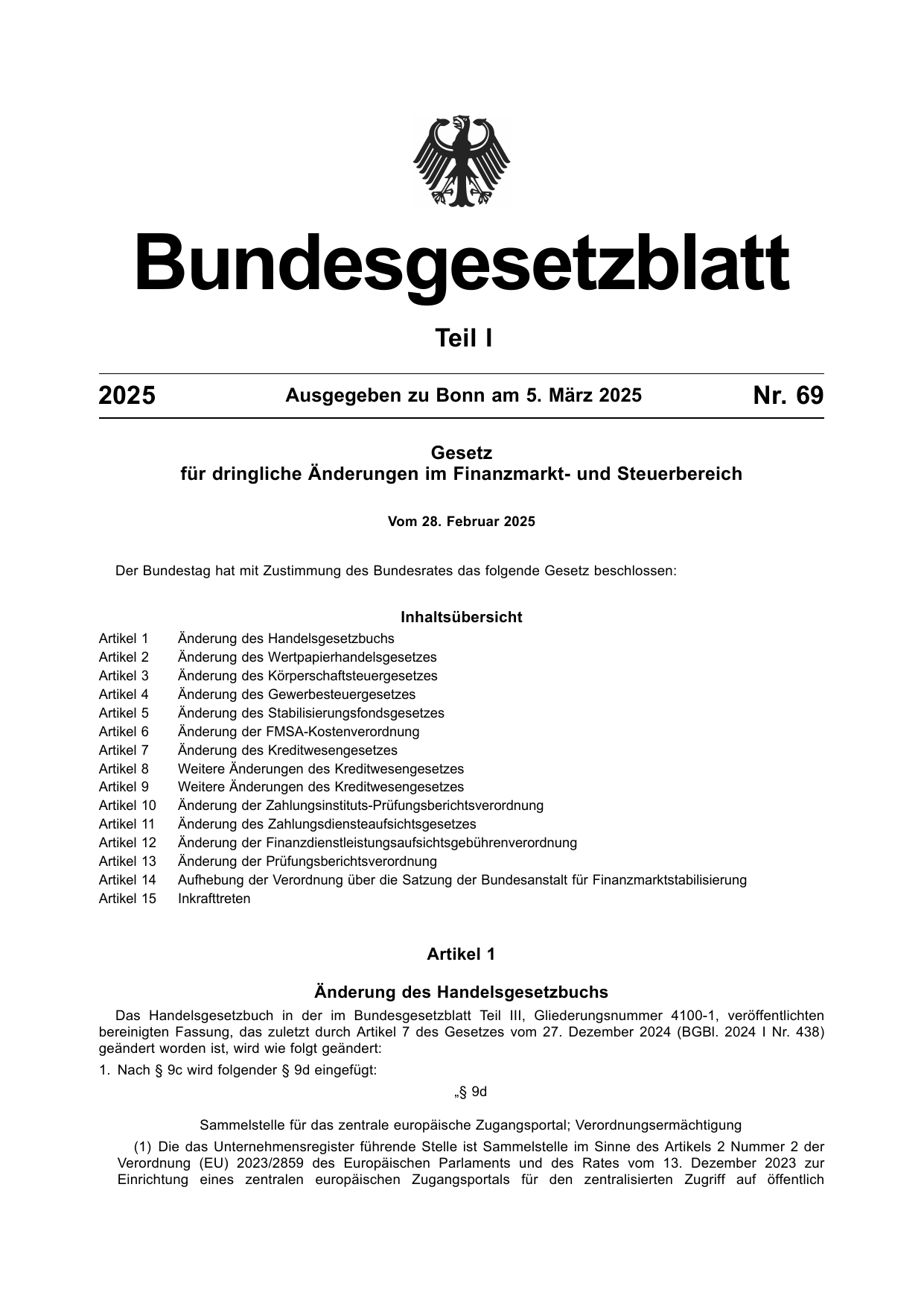 BGBl. 2025, Seite 1 — Originalseite als Abbildung