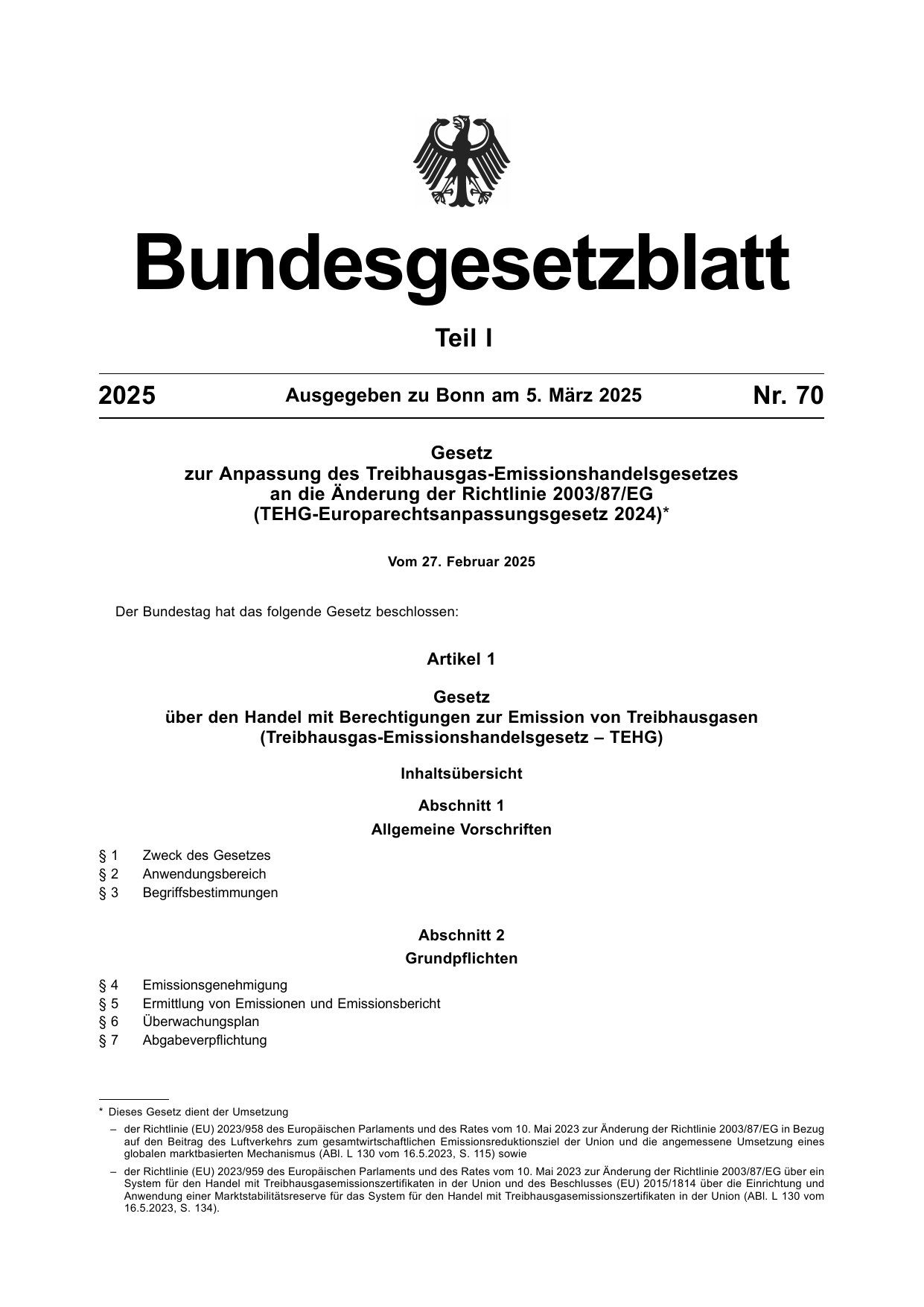 BGBl. 2025, Seite 1 — Originalseite als Abbildung
