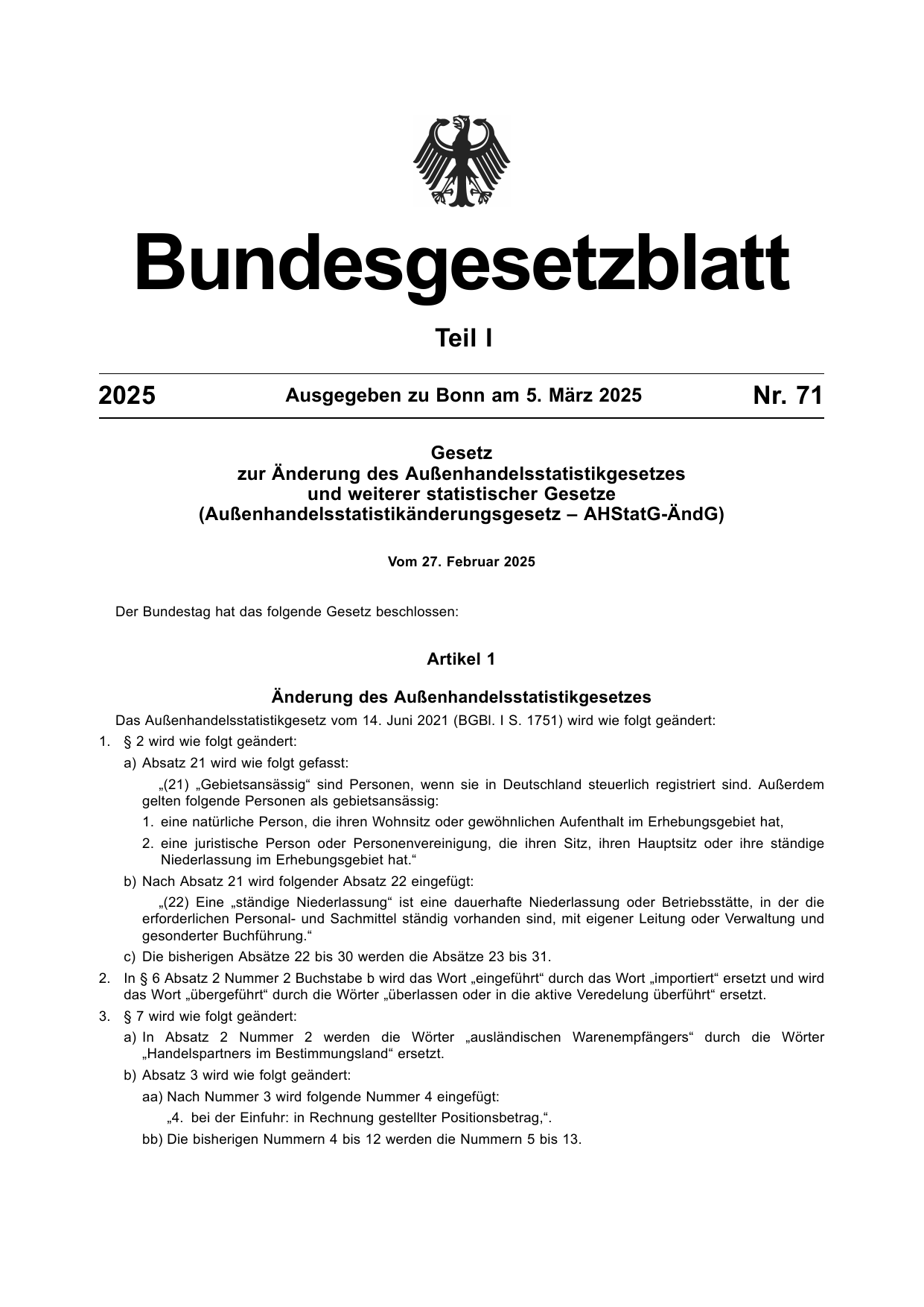 BGBl. 2025, Seite 1 — Originalseite als Abbildung