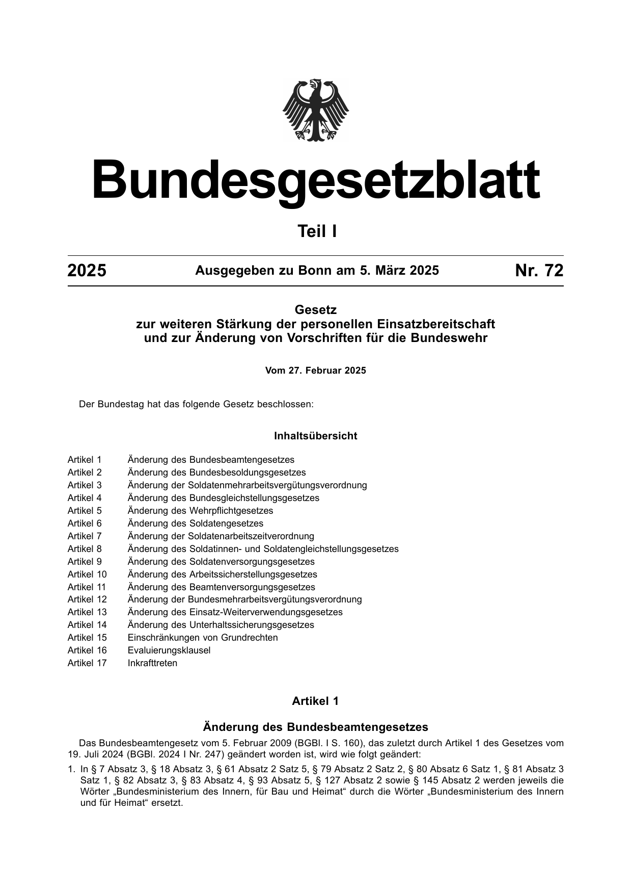 BGBl. 2025, Seite 1 — Originalseite als Abbildung
