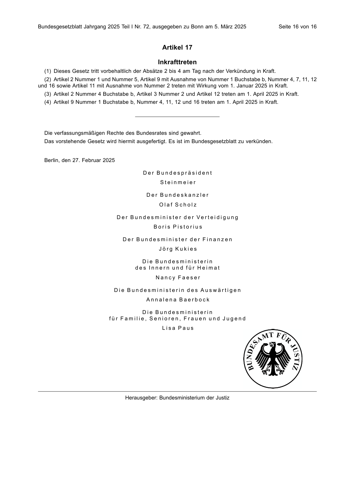 BGBl. 2025, Seite 16 — Originalseite als Abbildung