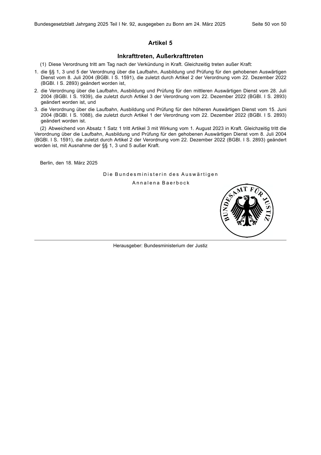 BGBl. 2025, Seite 50 — Originalseite als Abbildung