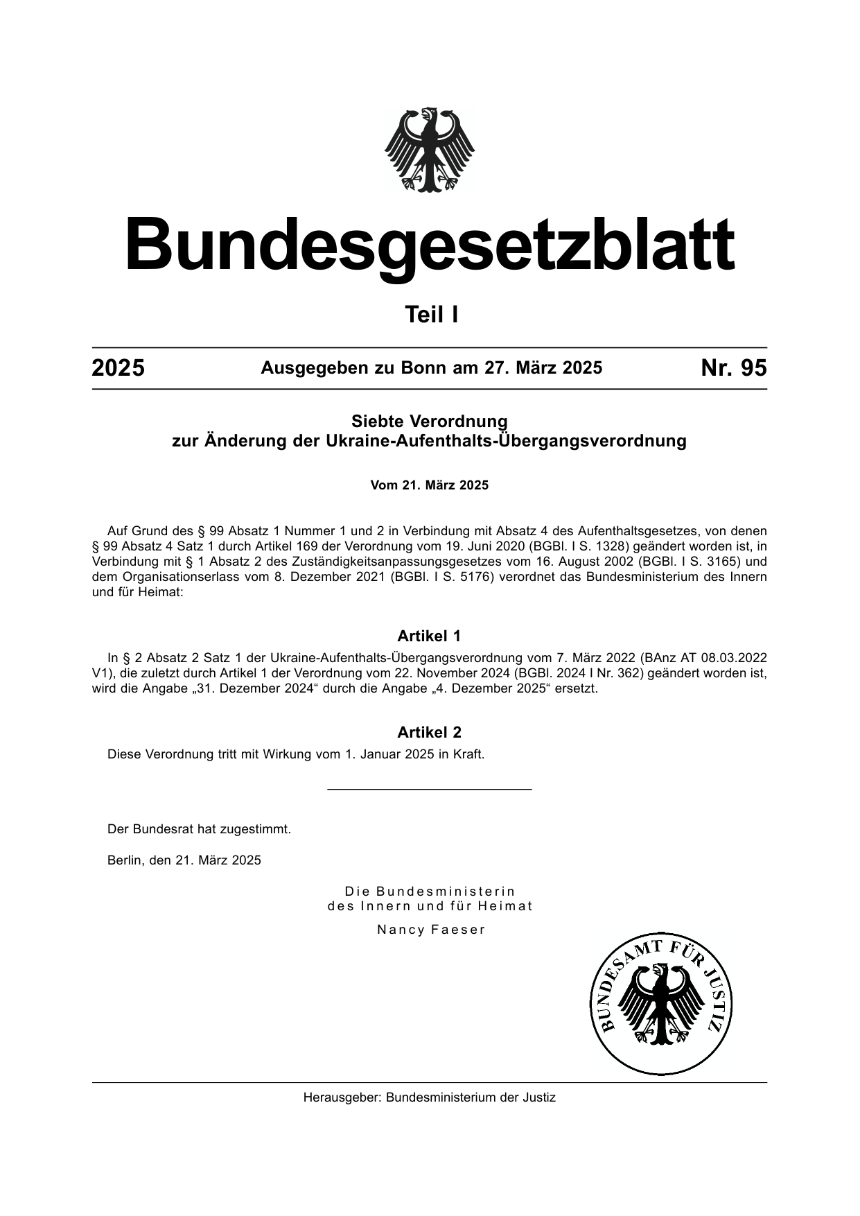 BGBl. 2025, Seite 1 — Originalseite als Abbildung