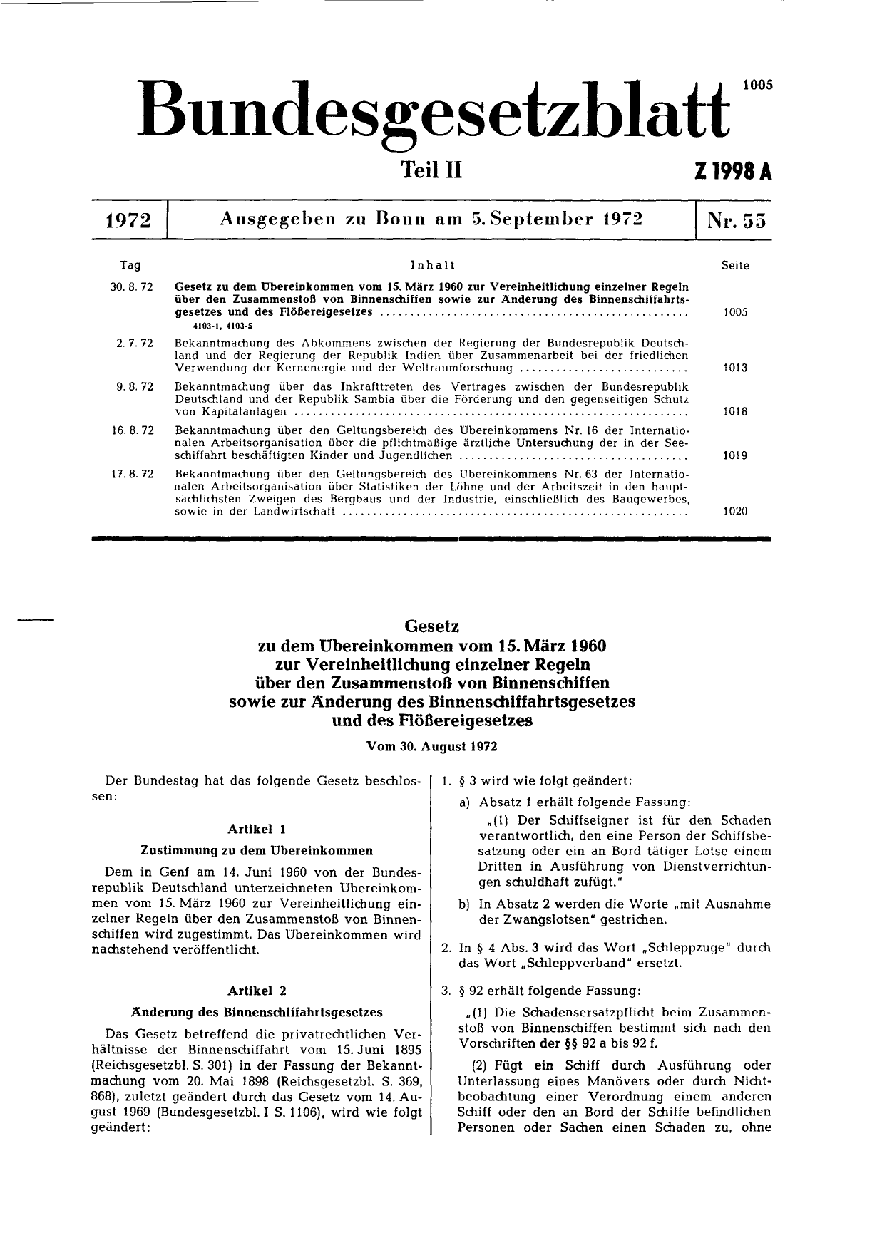 BGBl. 1972, Seite 1005 — Originalseite als Abbildung