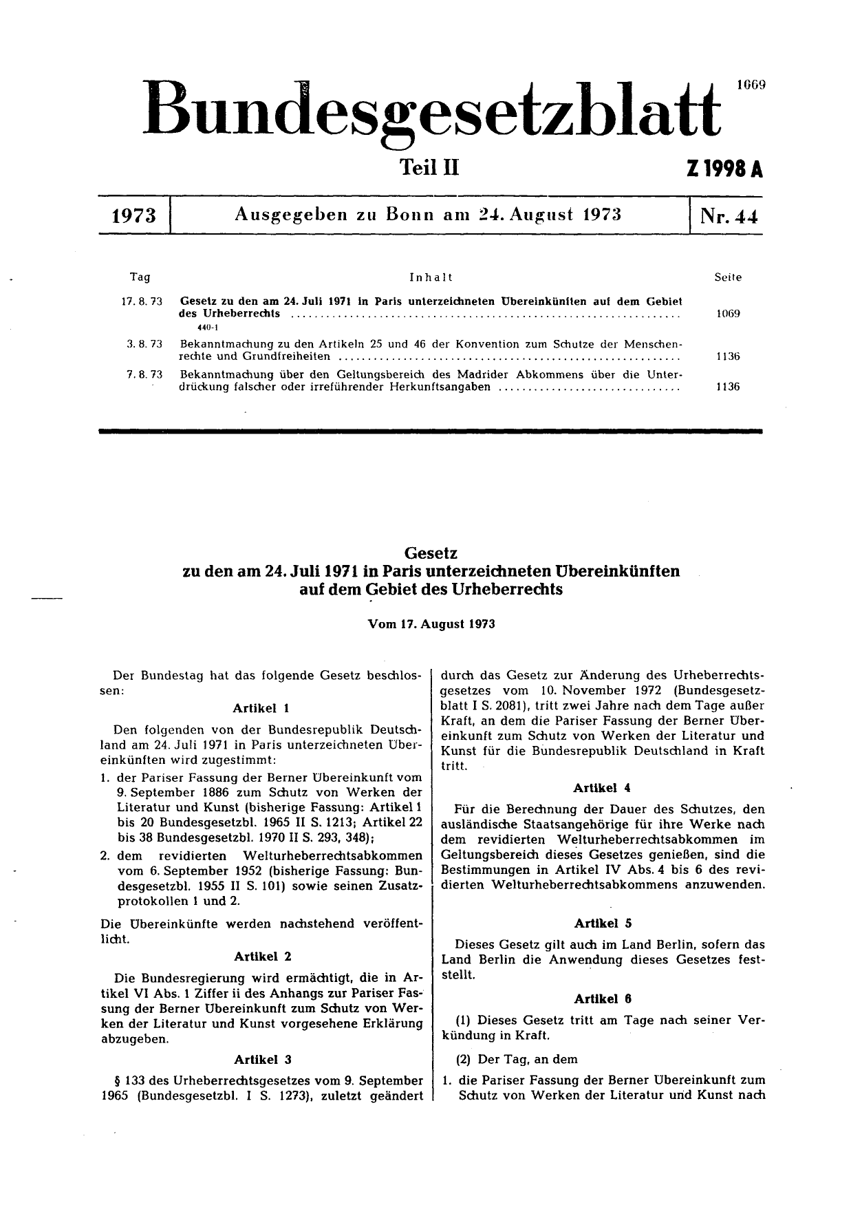 BGBl. 1973, Seite 1069 — Originalseite als Abbildung
