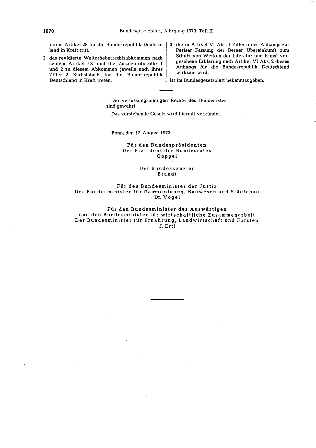 BGBl. 1973, Seite 1070 — Originalseite als Abbildung