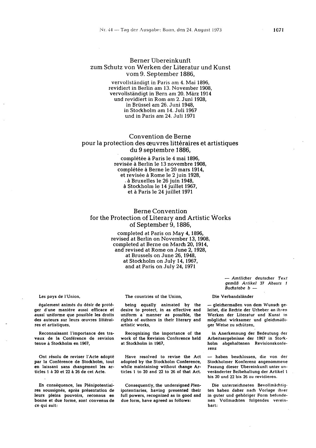 BGBl. 1973, Seite 1071 — Originalseite als Abbildung