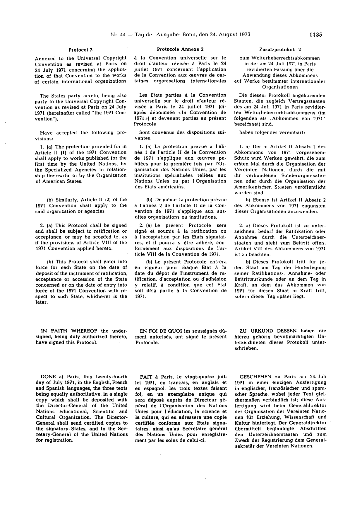 BGBl. 1973, Seite 1135 — Originalseite als Abbildung