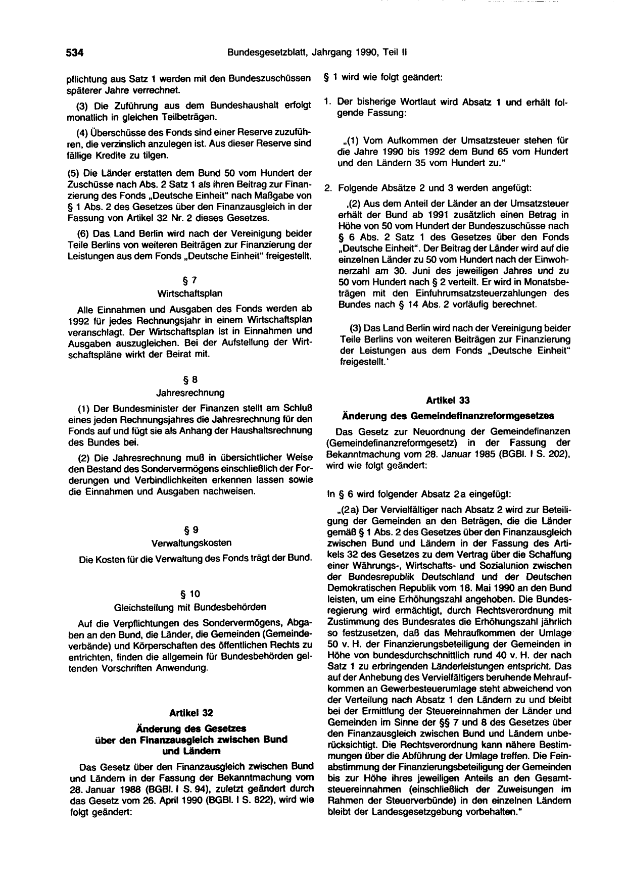 BGBl. 1990, Seite 534 — Originalseite als Abbildung