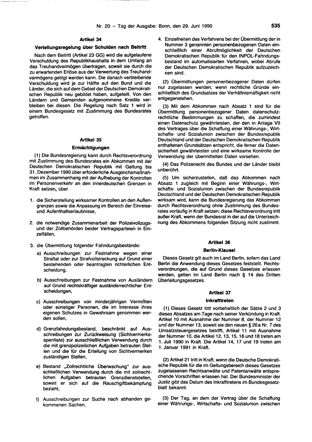 BGBl. 1990, Seite 535 — Originalseite als Abbildung