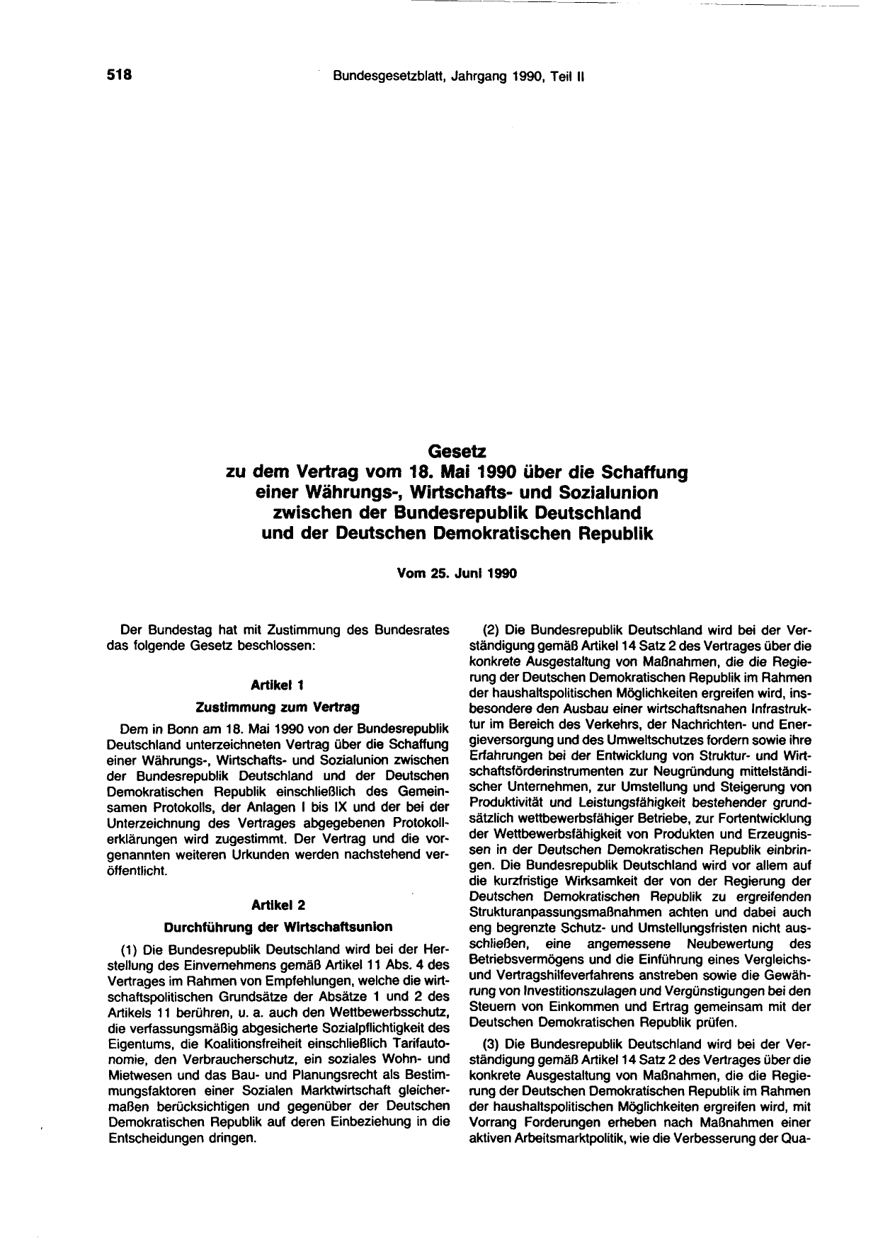 BGBl. 1990, Seite 518 — Originalseite als Abbildung