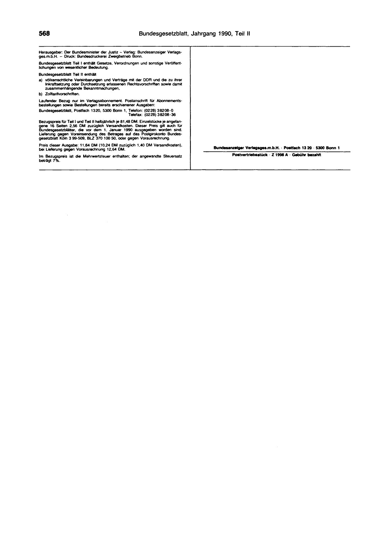 BGBl. 1990, Seite 568 — Originalseite als Abbildung