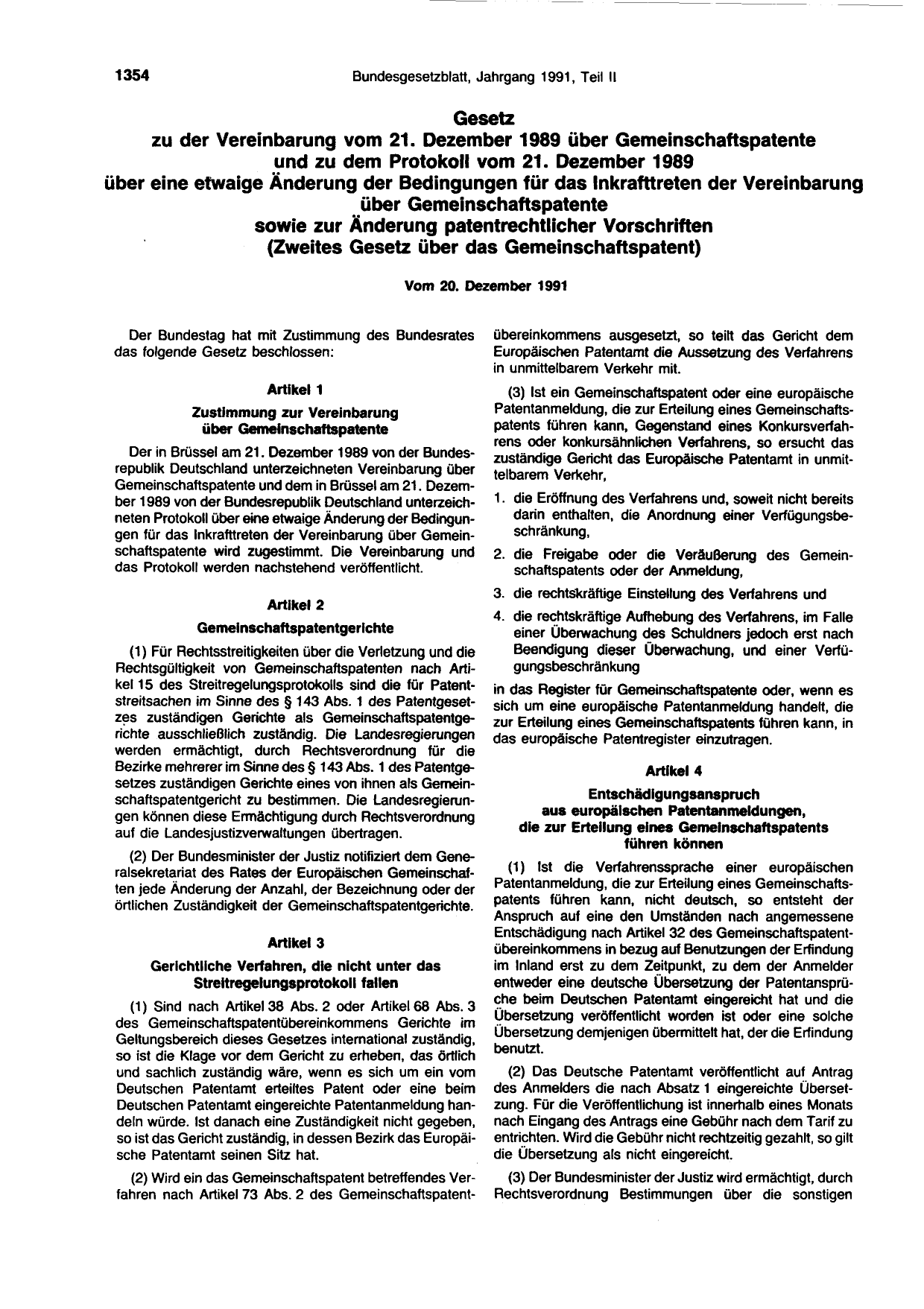 BGBl. 1991, Seite 1354 — Originalseite als Abbildung