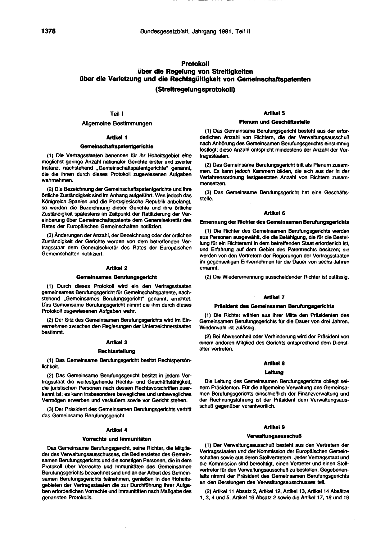 BGBl. 1991, Seite 1378 — Originalseite als Abbildung