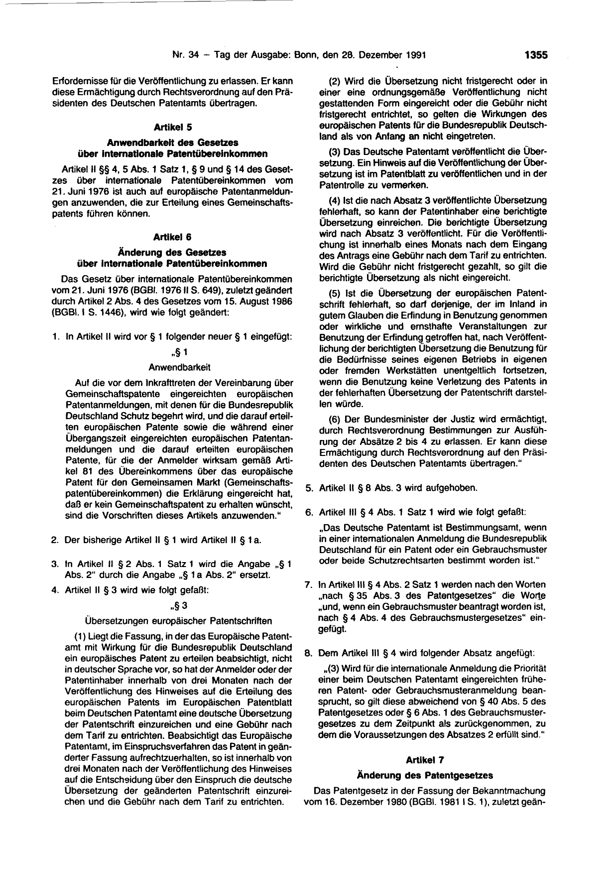 BGBl. 1991, Seite 1355 — Originalseite als Abbildung