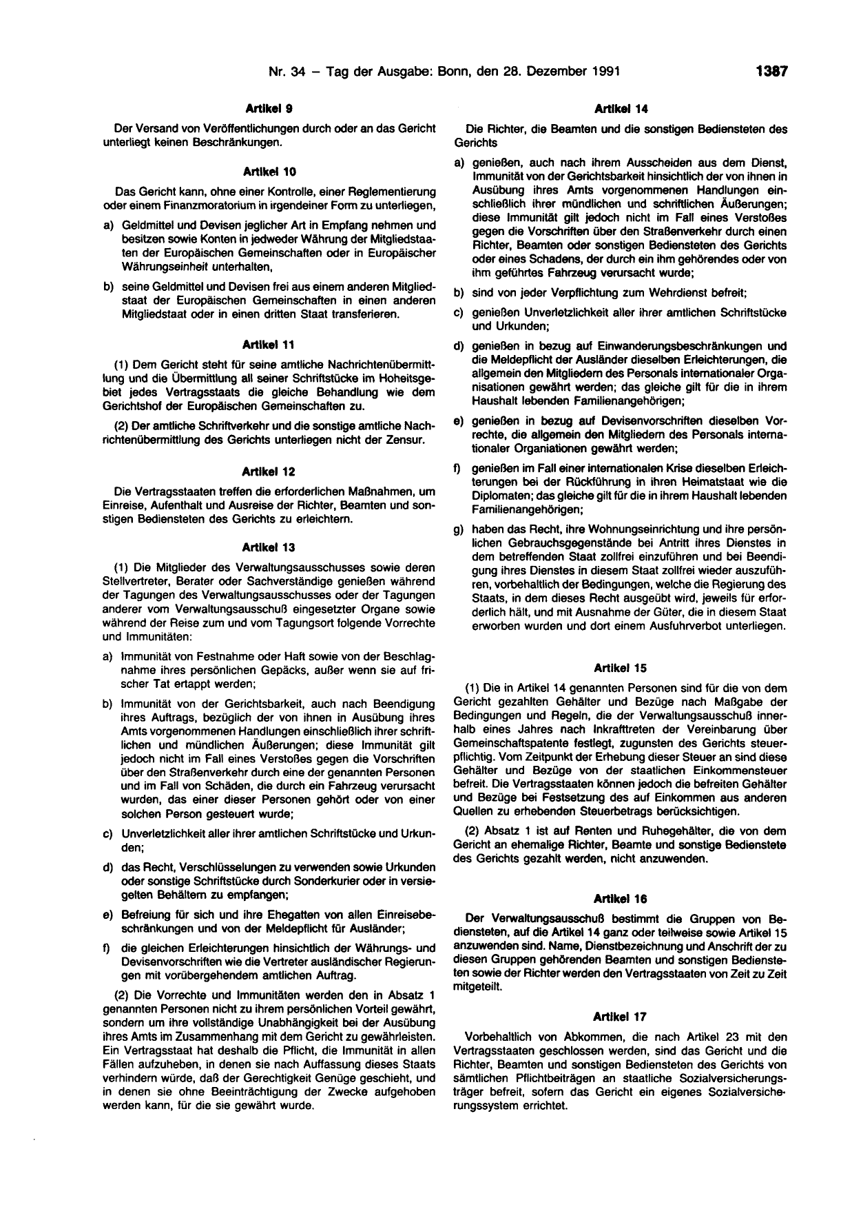 BGBl. 1991, Seite 1387 — Originalseite als Abbildung