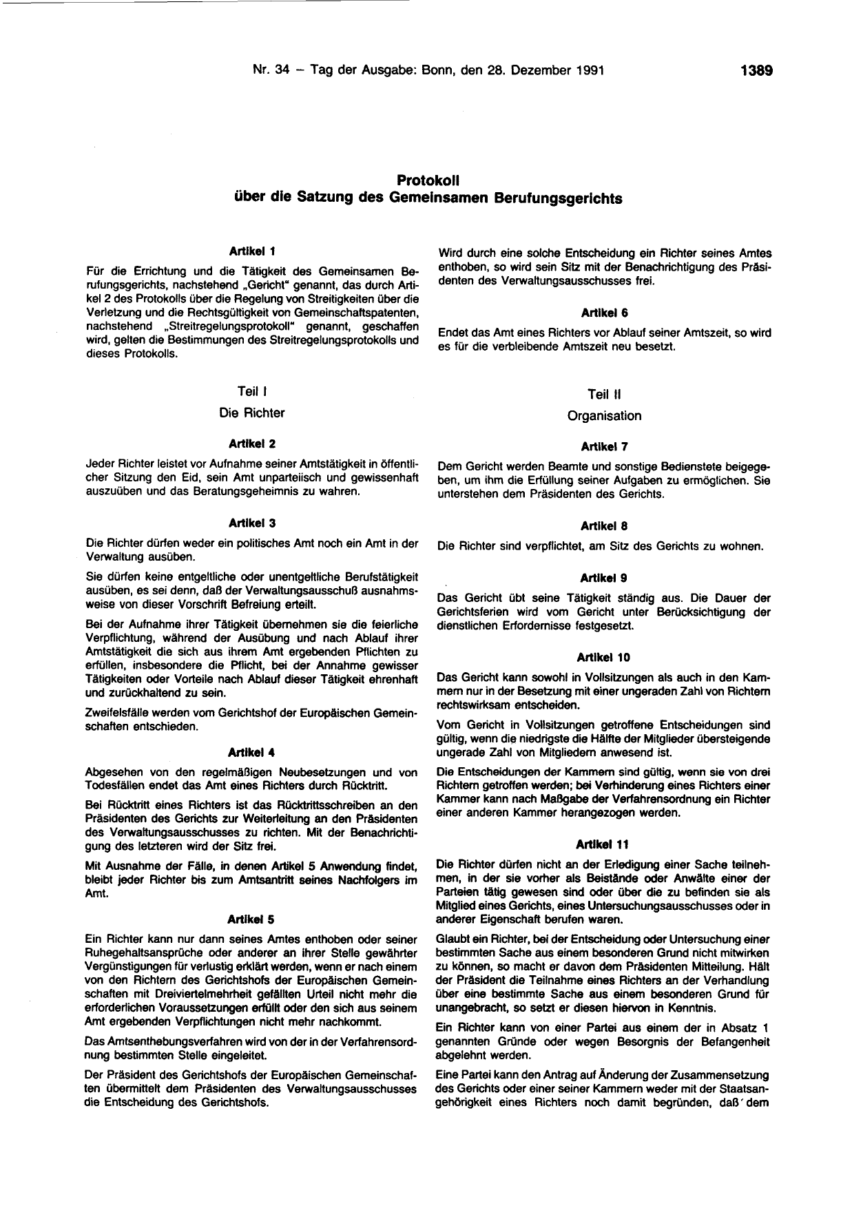 BGBl. 1991, Seite 1389 — Originalseite als Abbildung