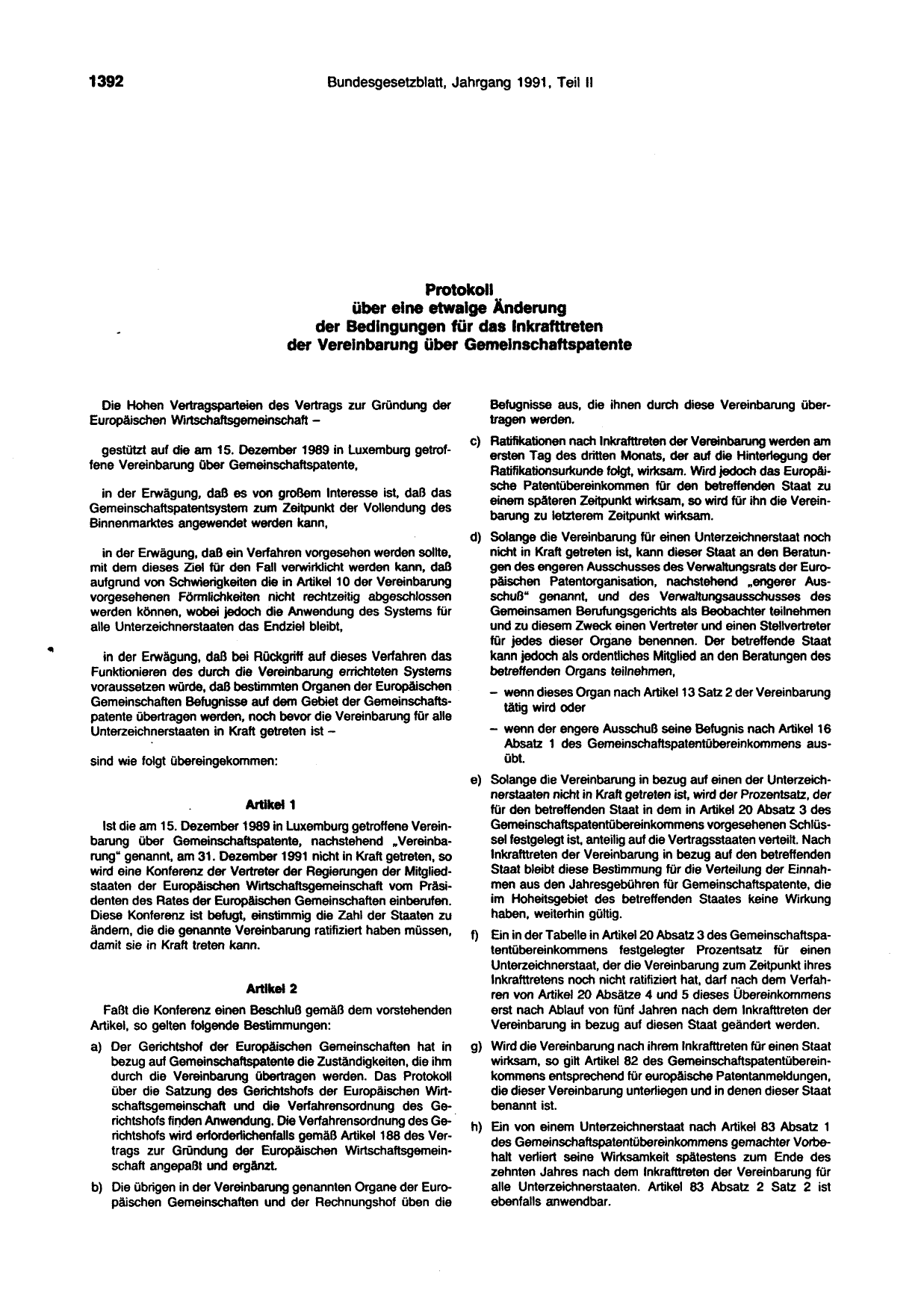 BGBl. 1991, Seite 1392 — Originalseite als Abbildung