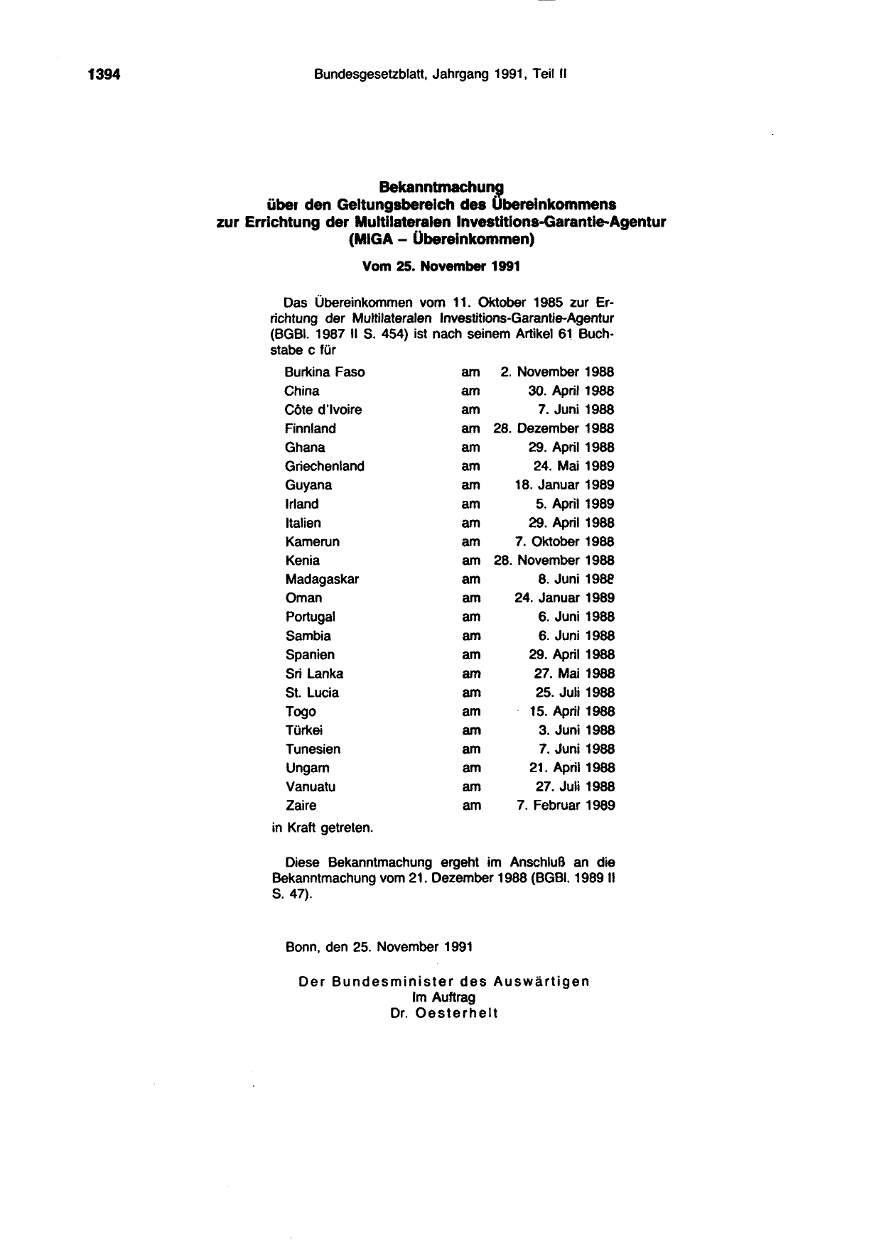BGBl. 1991, Seite 1394 — Originalseite als Abbildung