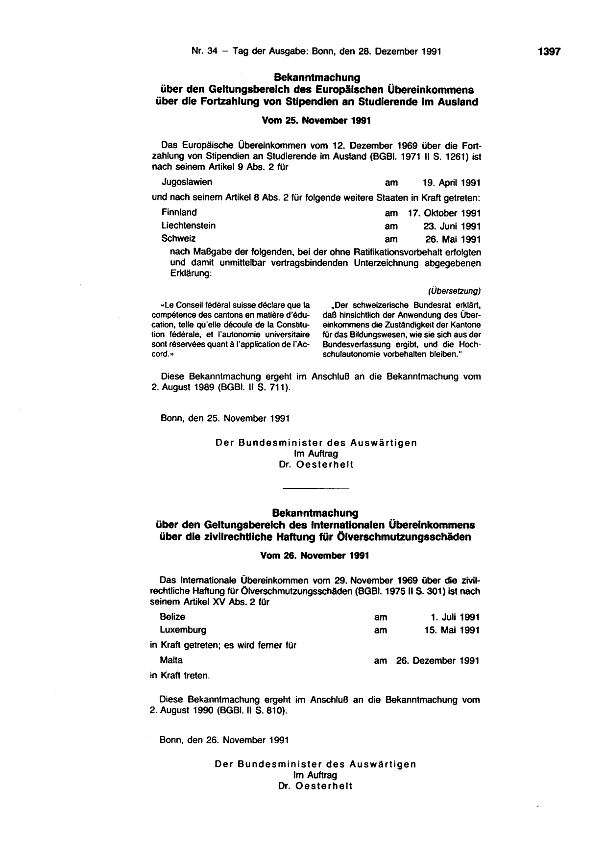 BGBl. 1991, Seite 1397 — Originalseite als Abbildung