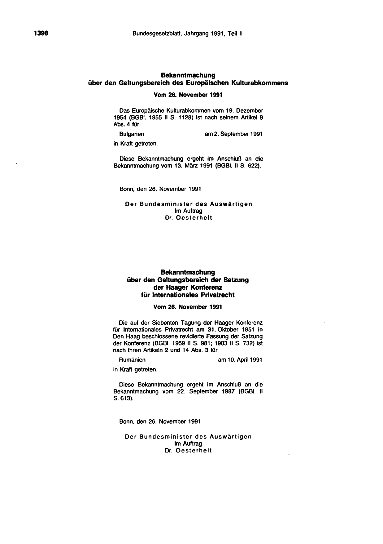 BGBl. 1991, Seite 1398 — Originalseite als Abbildung