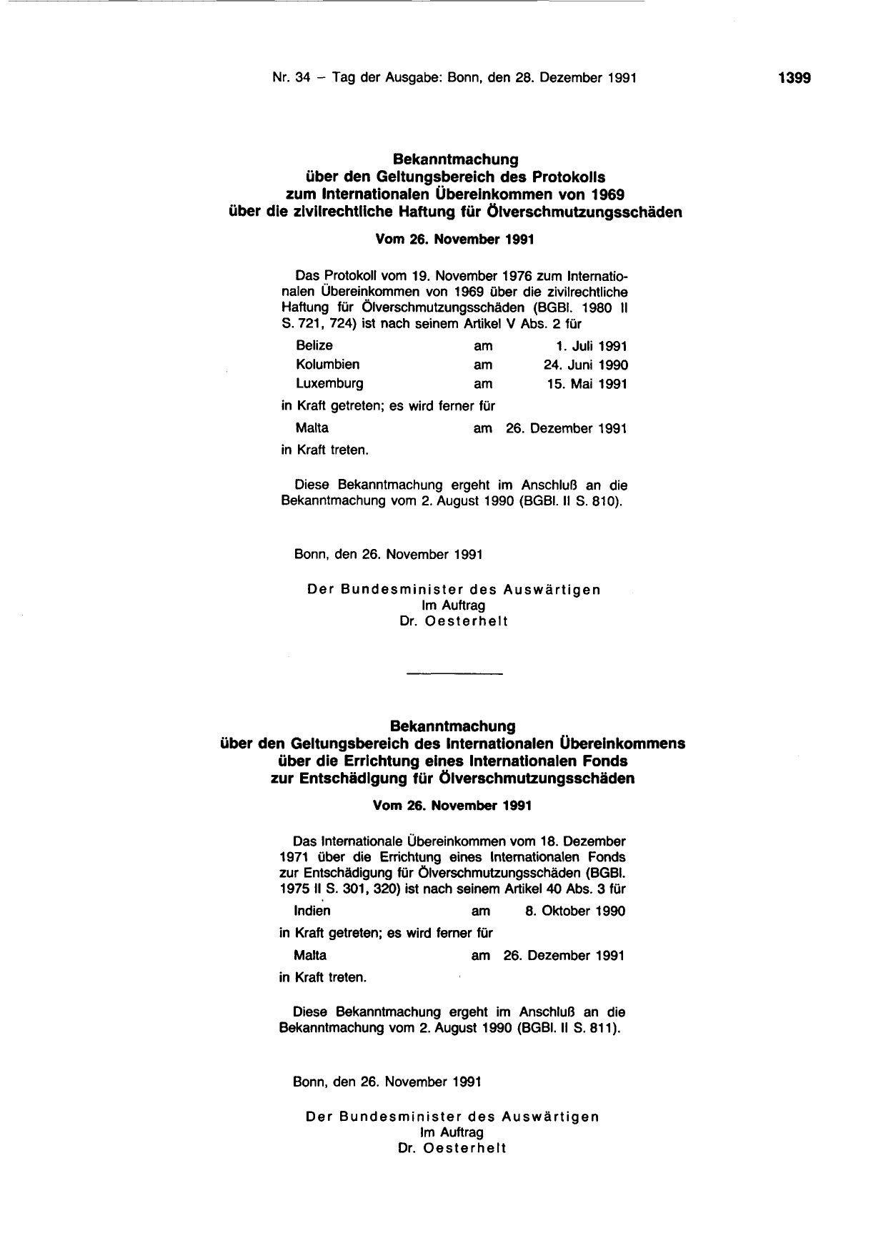 BGBl. 1991, Seite 1399 — Originalseite als Abbildung