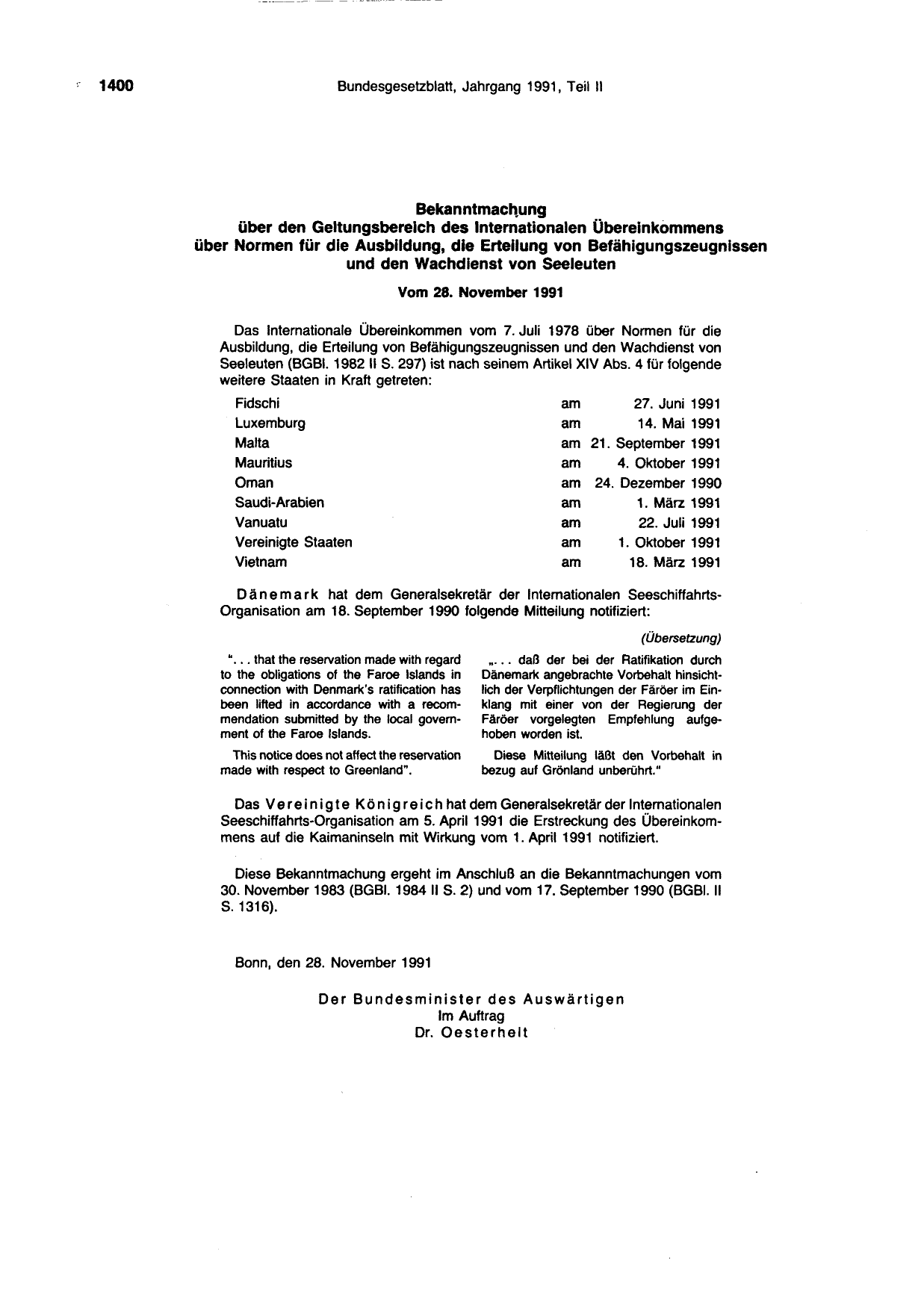 BGBl. 1991, Seite 1400 — Originalseite als Abbildung