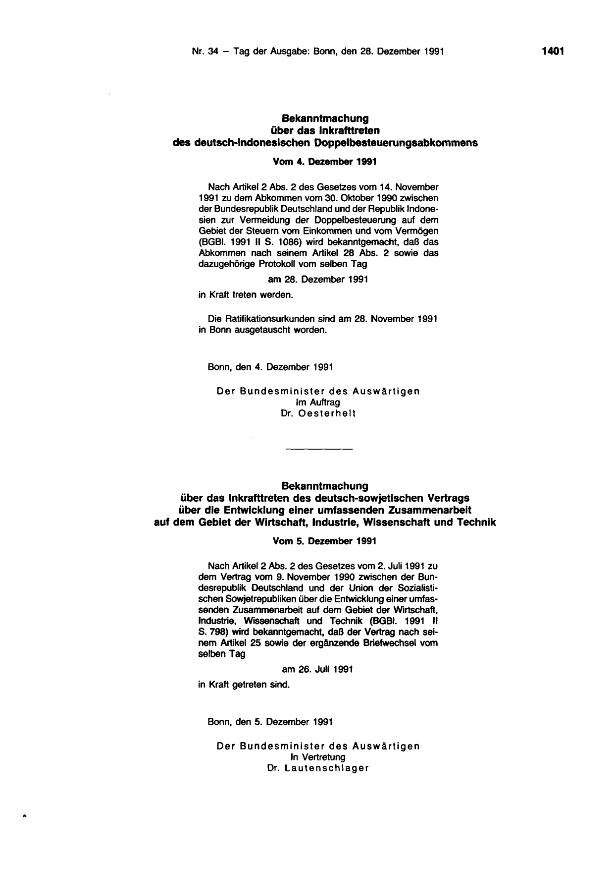 BGBl. 1991, Seite 1401 — Originalseite als Abbildung