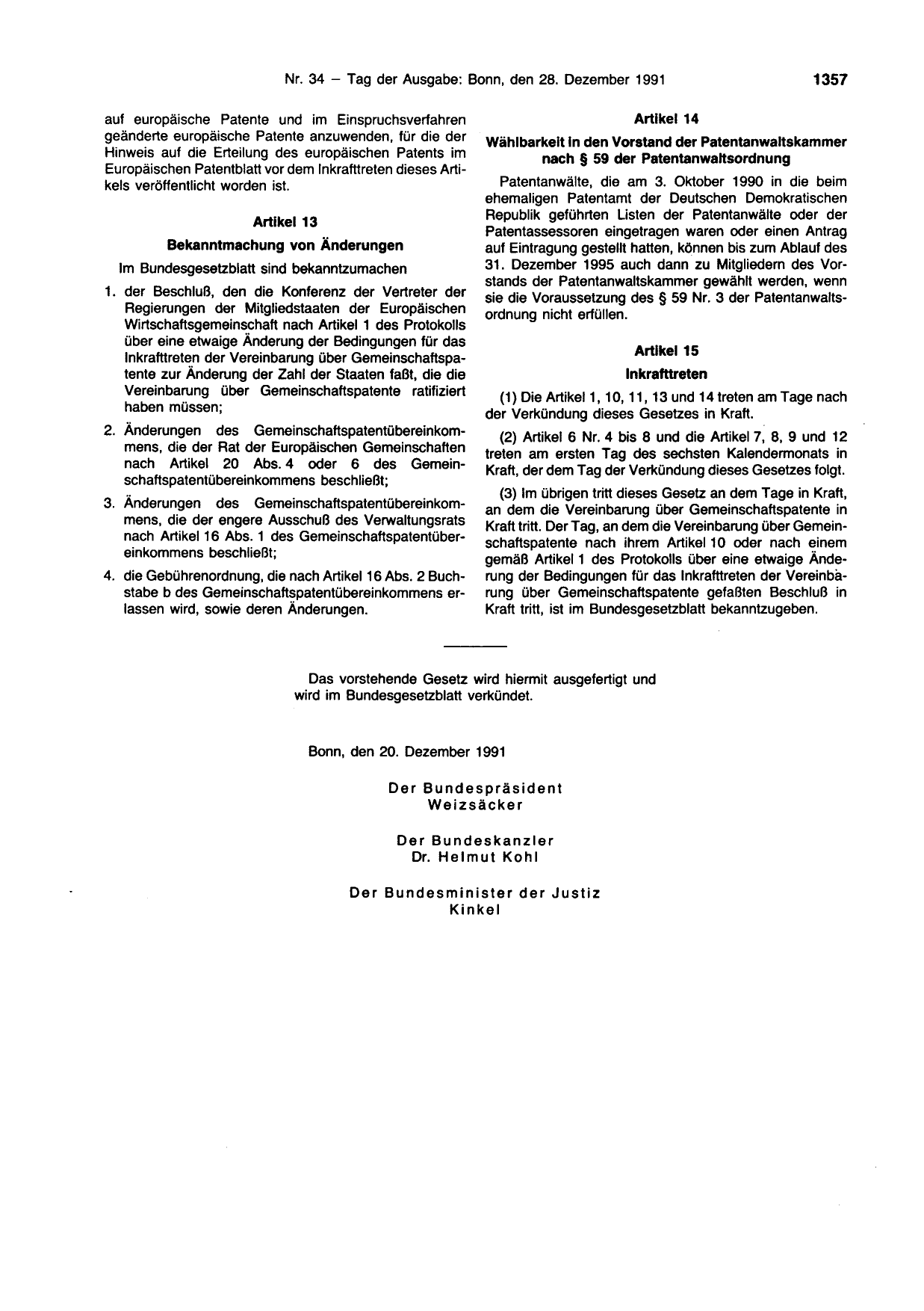BGBl. 1991, Seite 1357 — Originalseite als Abbildung