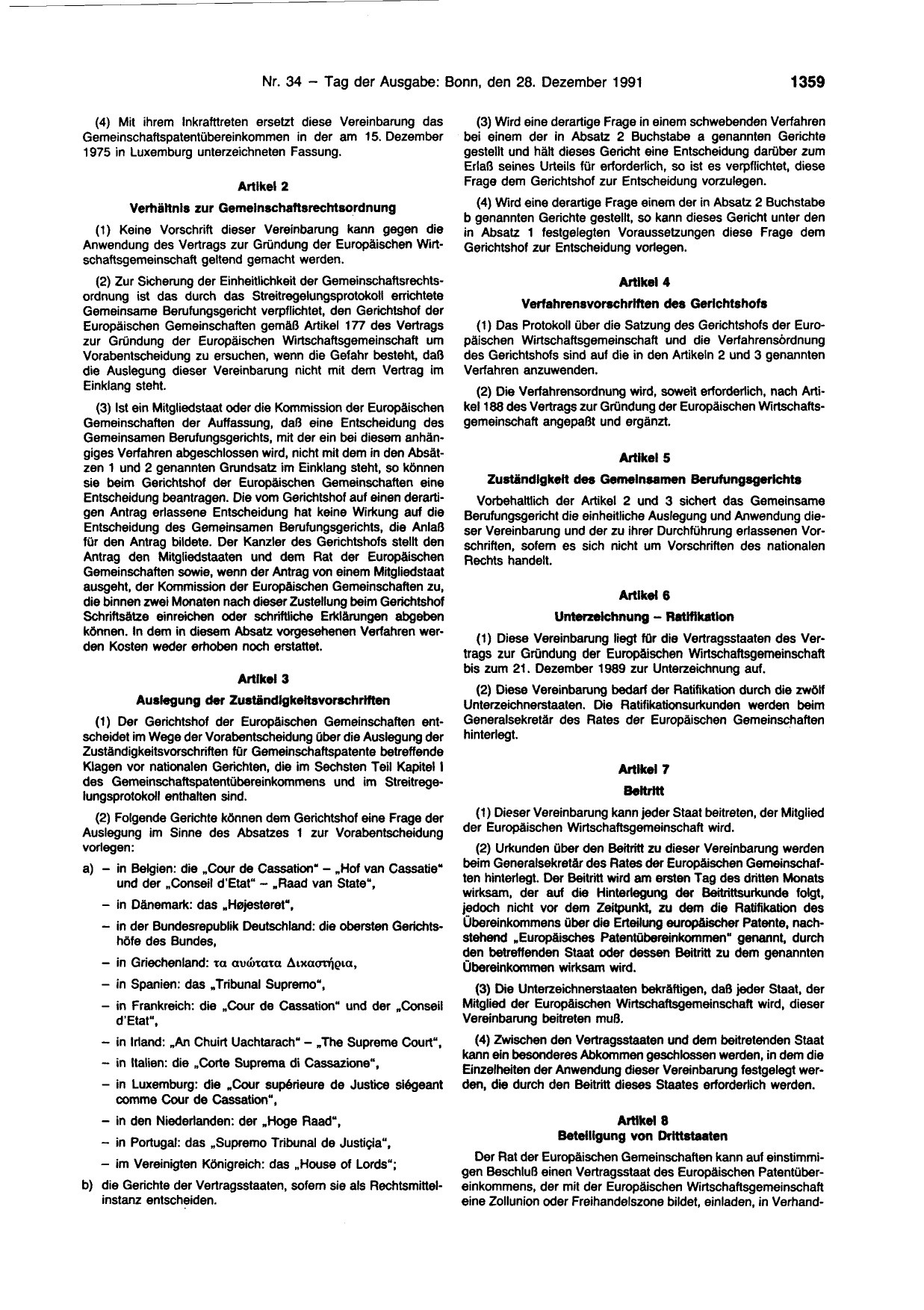 BGBl. 1991, Seite 1359 — Originalseite als Abbildung