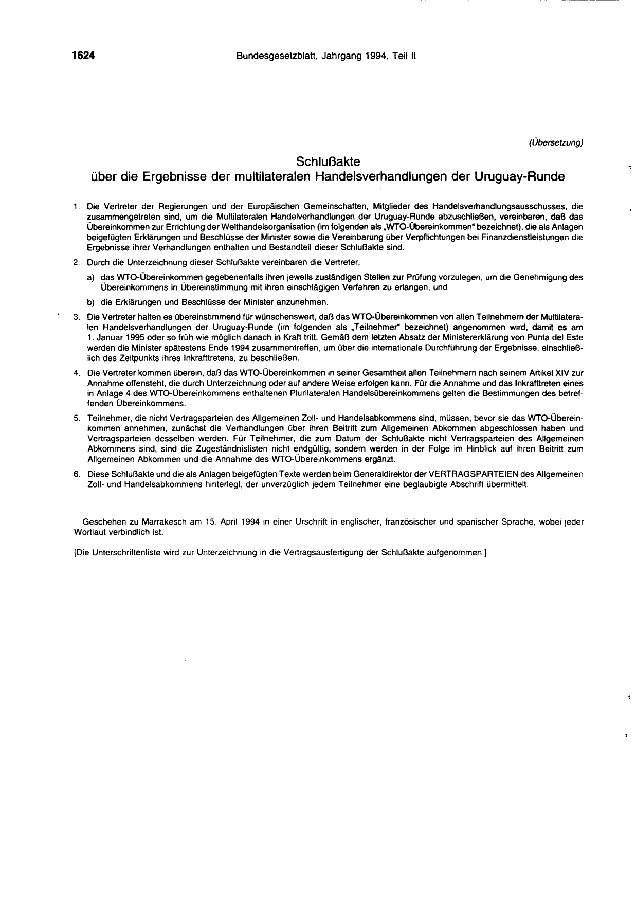 BGBl. 1994, Seite 1624 — Originalseite als Abbildung
