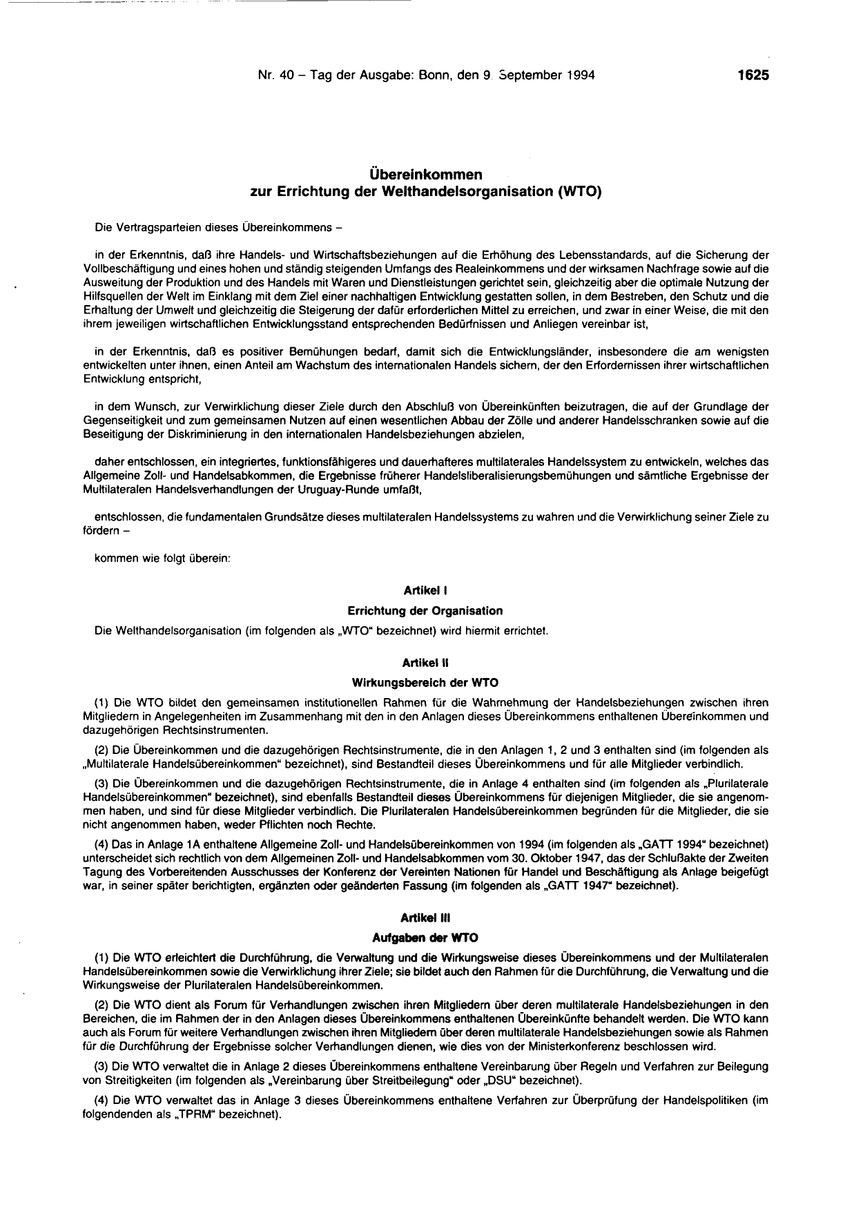 BGBl. 1994, Seite 1625 — Originalseite als Abbildung
