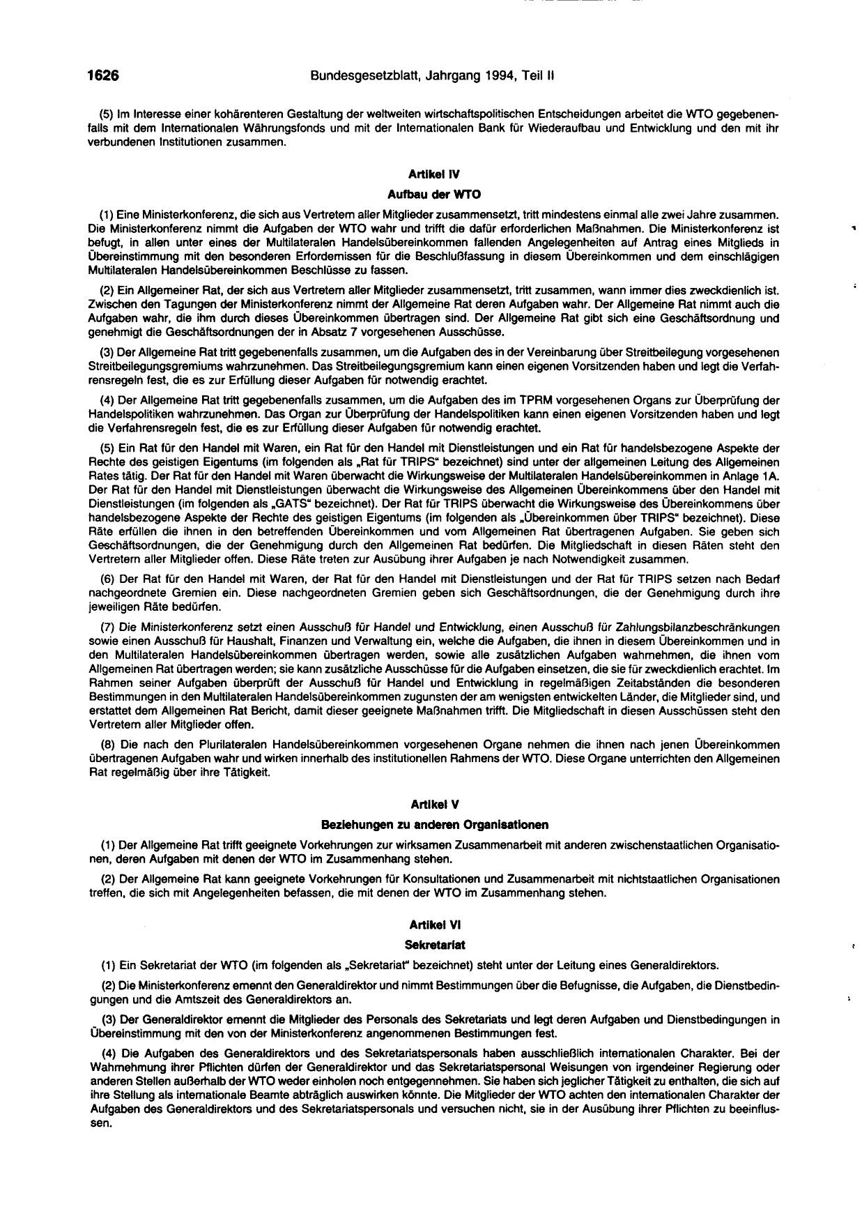 BGBl. 1994, Seite 1626 — Originalseite als Abbildung