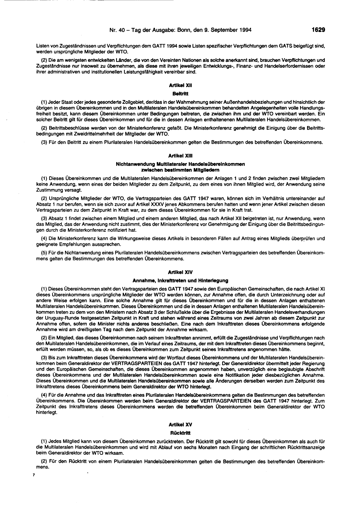 BGBl. 1994, Seite 1629 — Originalseite als Abbildung