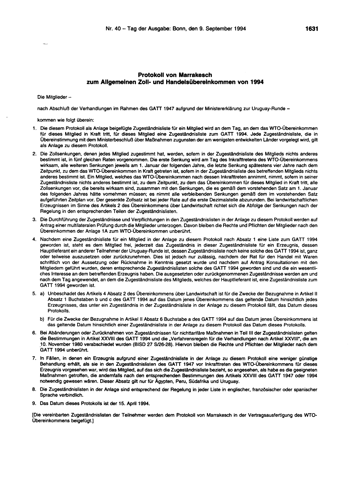 BGBl. 1994, Seite 1631 — Originalseite als Abbildung