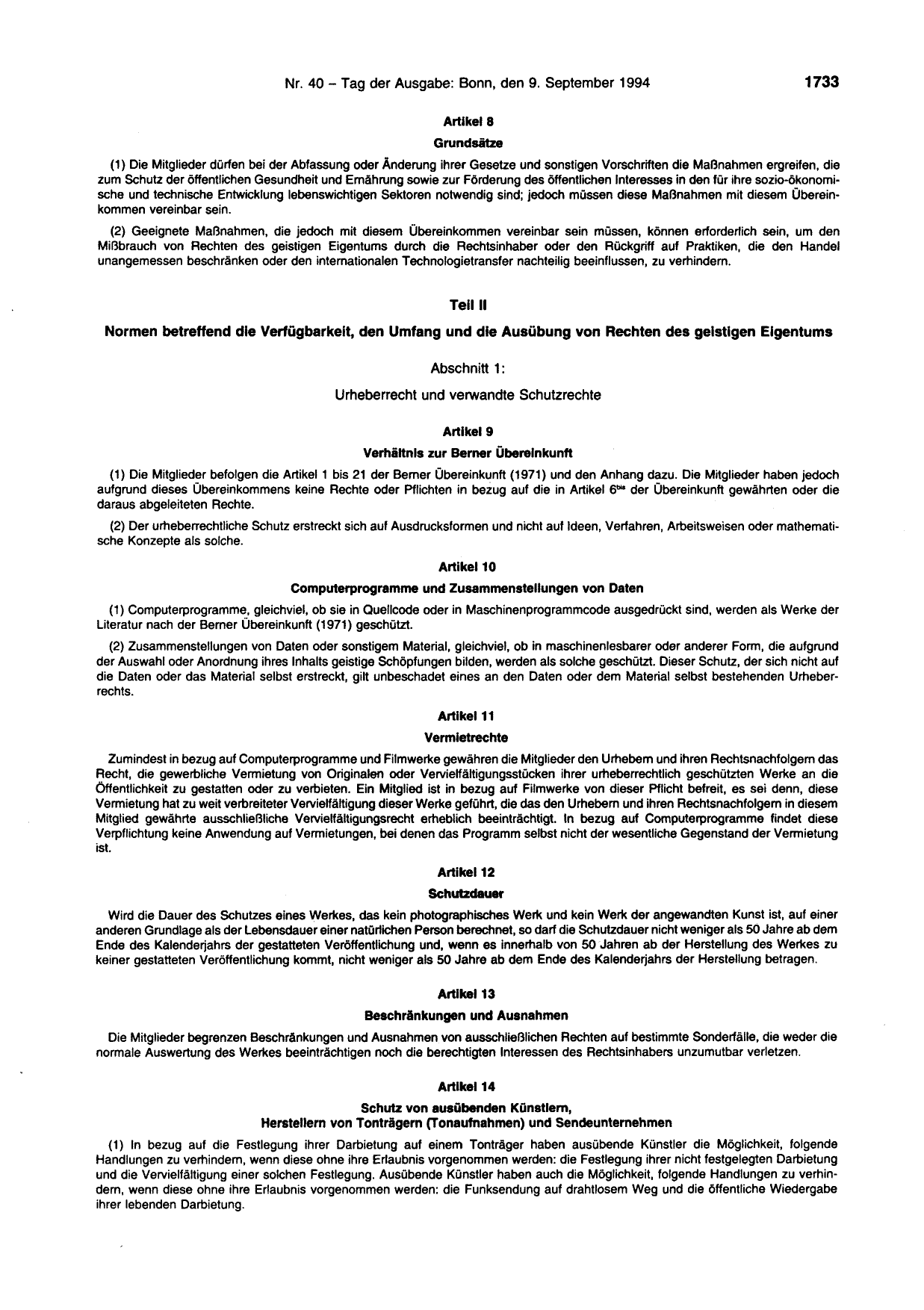 BGBl. 1994, Seite 1733 — Originalseite als Abbildung