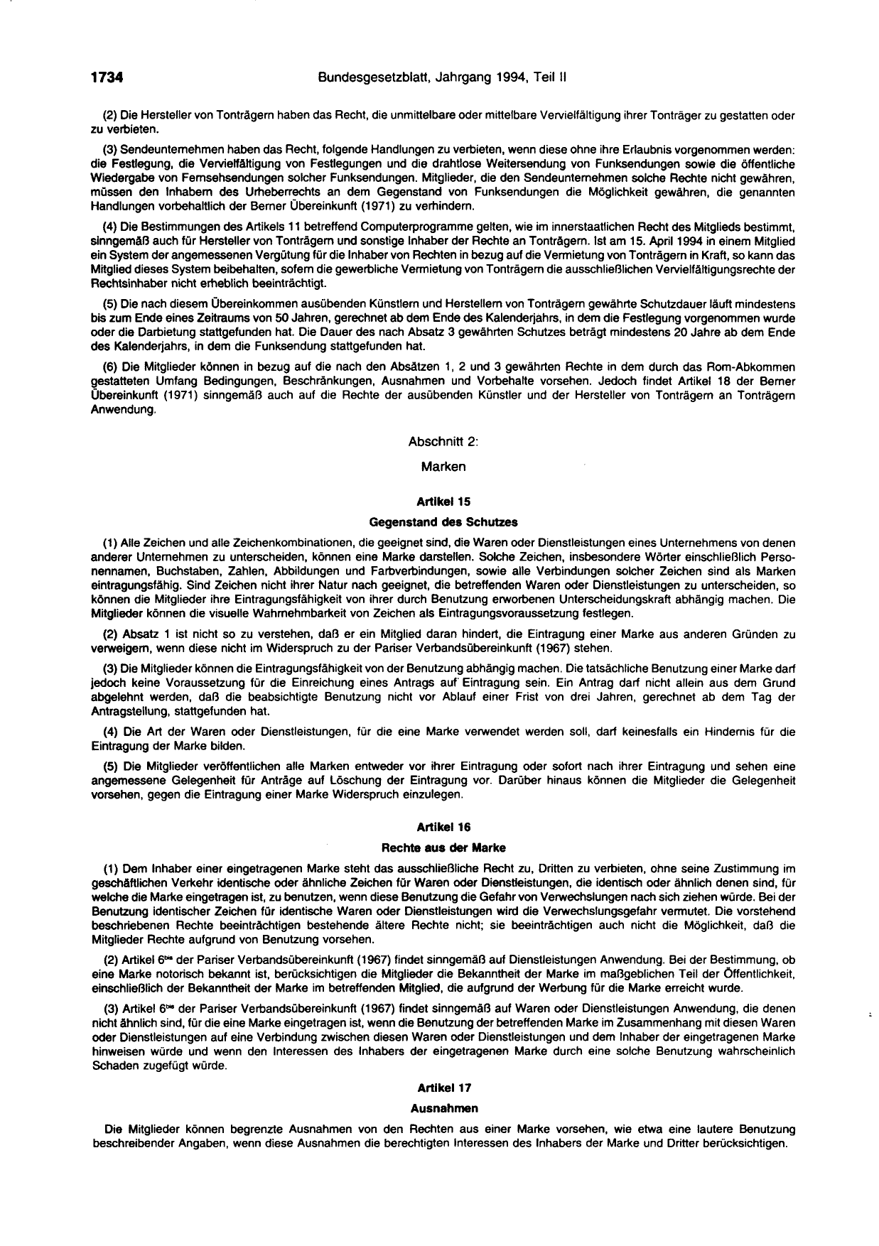 BGBl. 1994, Seite 1734 — Originalseite als Abbildung