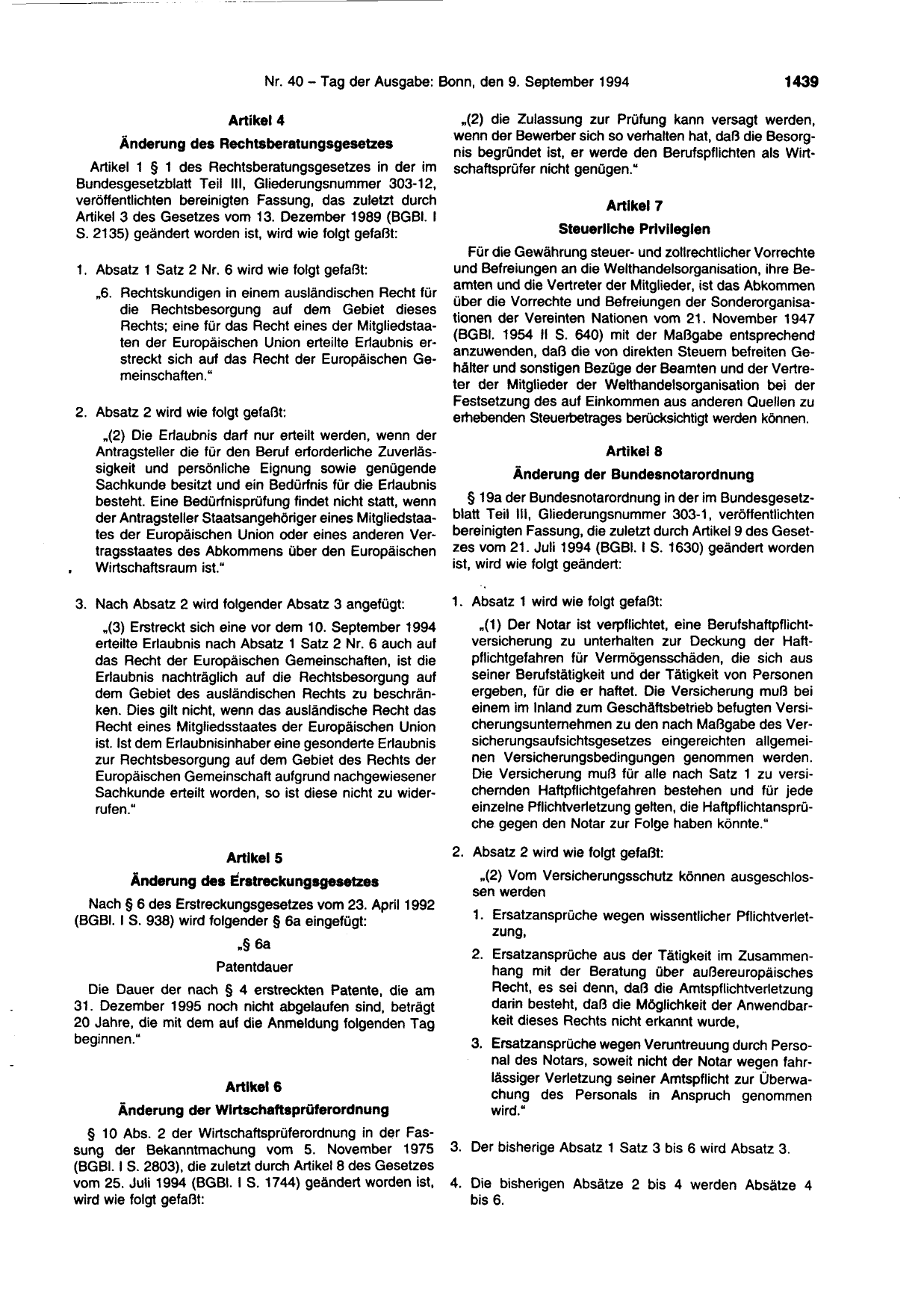 BGBl. 1994, Seite 1439 — Originalseite als Abbildung